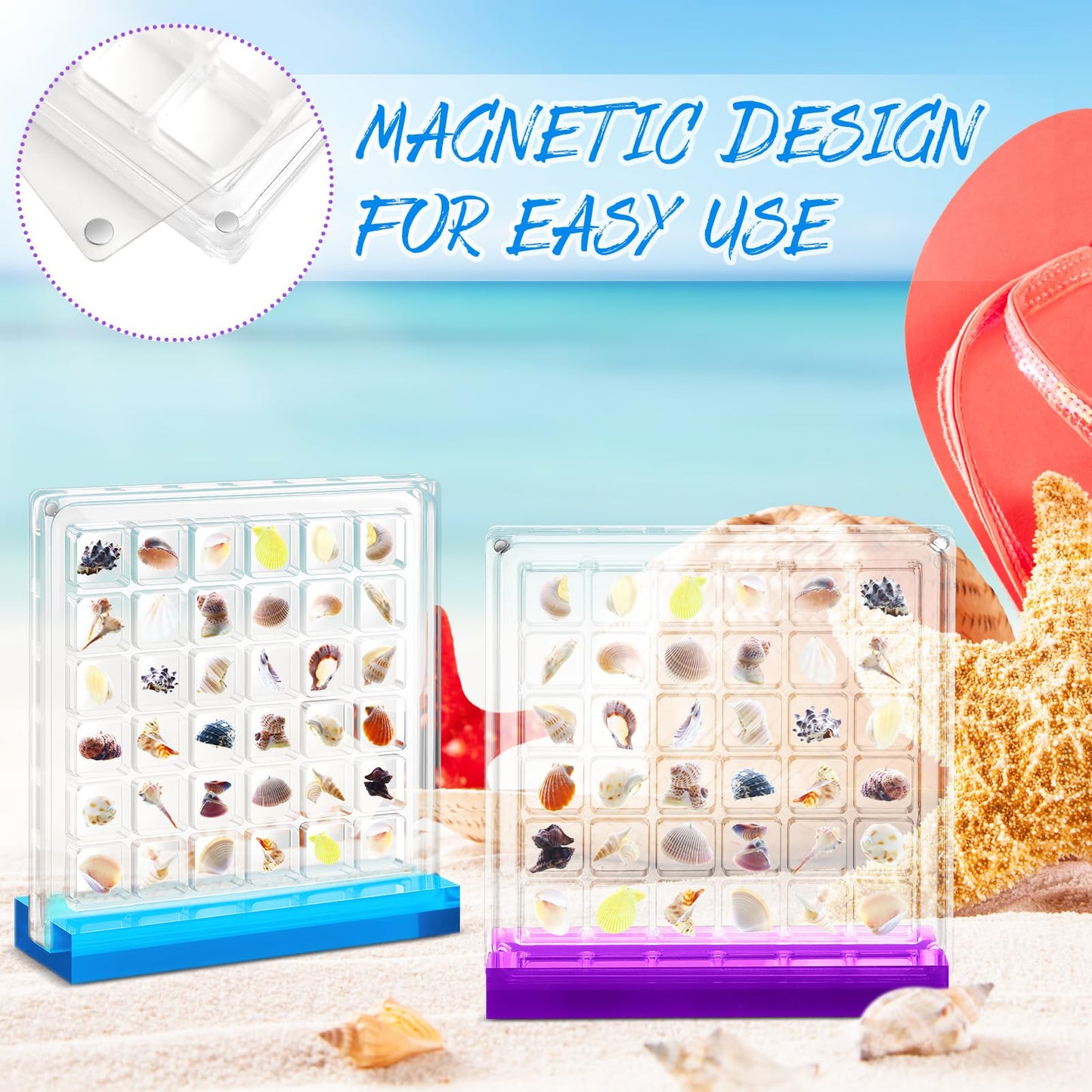 Reallnaive 6 Pcs Acrylic Magnetic Seashell Display Box with Multicolor Base 36 Grids Clear Seashell Collection Box Seashell Storage Organizer for Diamond Gemstone Beads