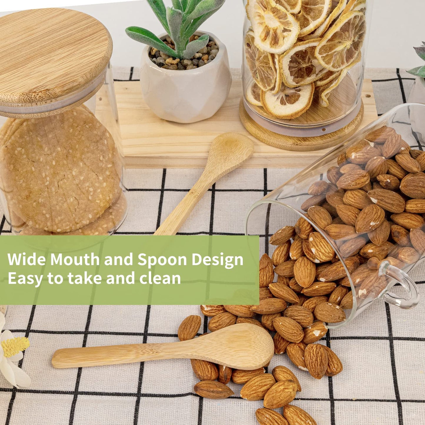 Airtight Food Storage Containers, Glass Canister With Wooden Spoon and Lids, 20 Oz Jars for Serving Bath Salt, Sugar, Spice, Coffee, Tea, Cereals, Condiment (2 Set)