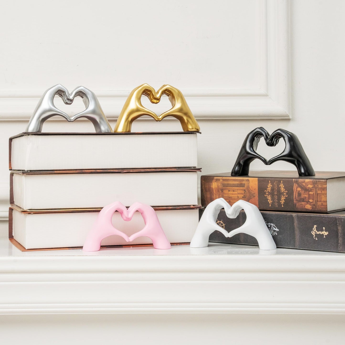 Small Heart Hands Sculpture Decor for Living Room Bedroom Bookshelf Coffe Table and Office Display, Love Finger Statue Modern Aesthetic Home Decor, Unique Gift for Wedding Christmas Birthday (Silver)