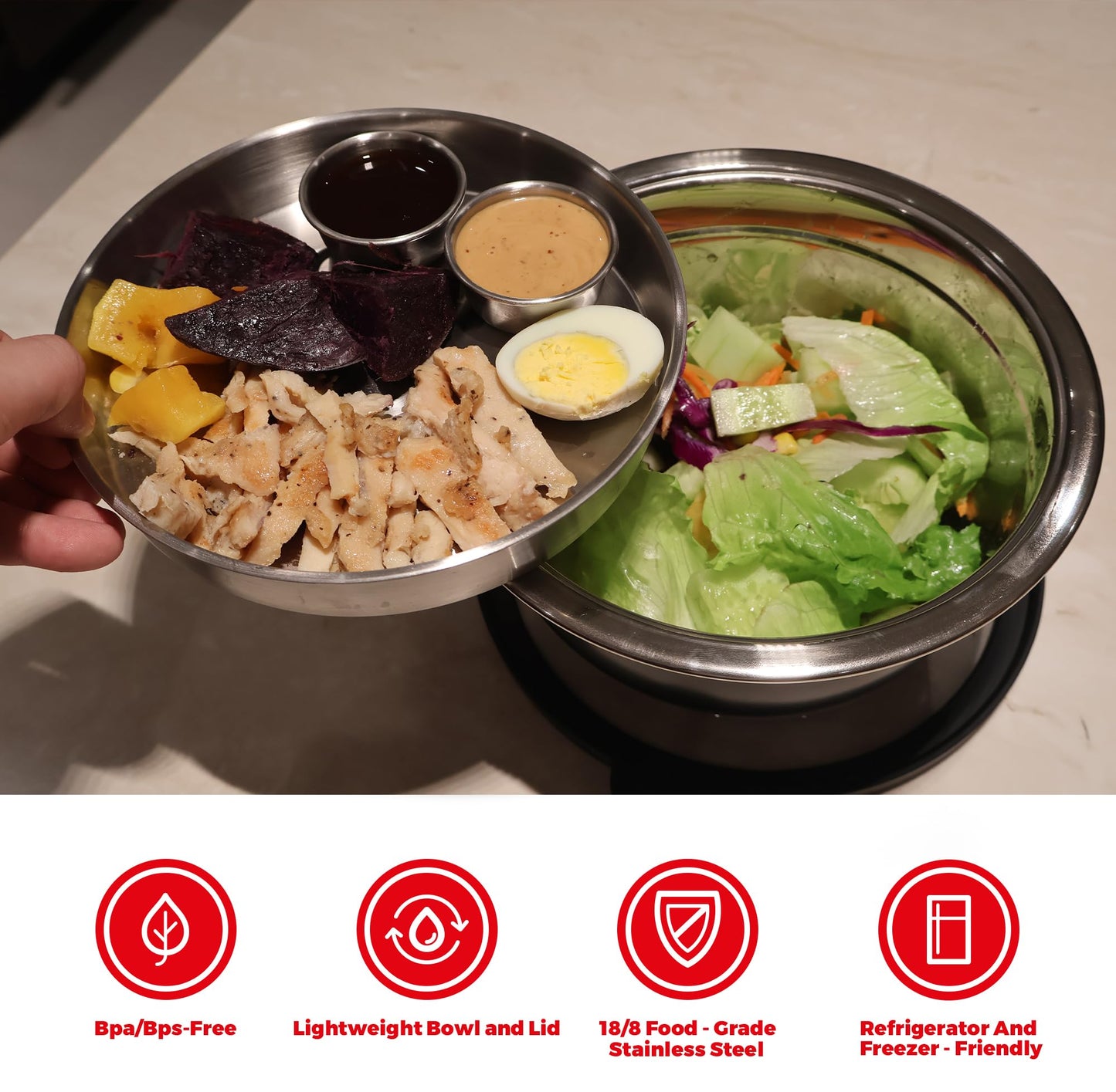 Kaiser chef Salad Bowl Kit 74oz,Salad Container For Lunch,18/8 Stainless Steel,Salad Bowl With Lid, Includes 1.7oz Condiment Container and Removable Tray,Leak-Proof, Easy to Clean(Black)