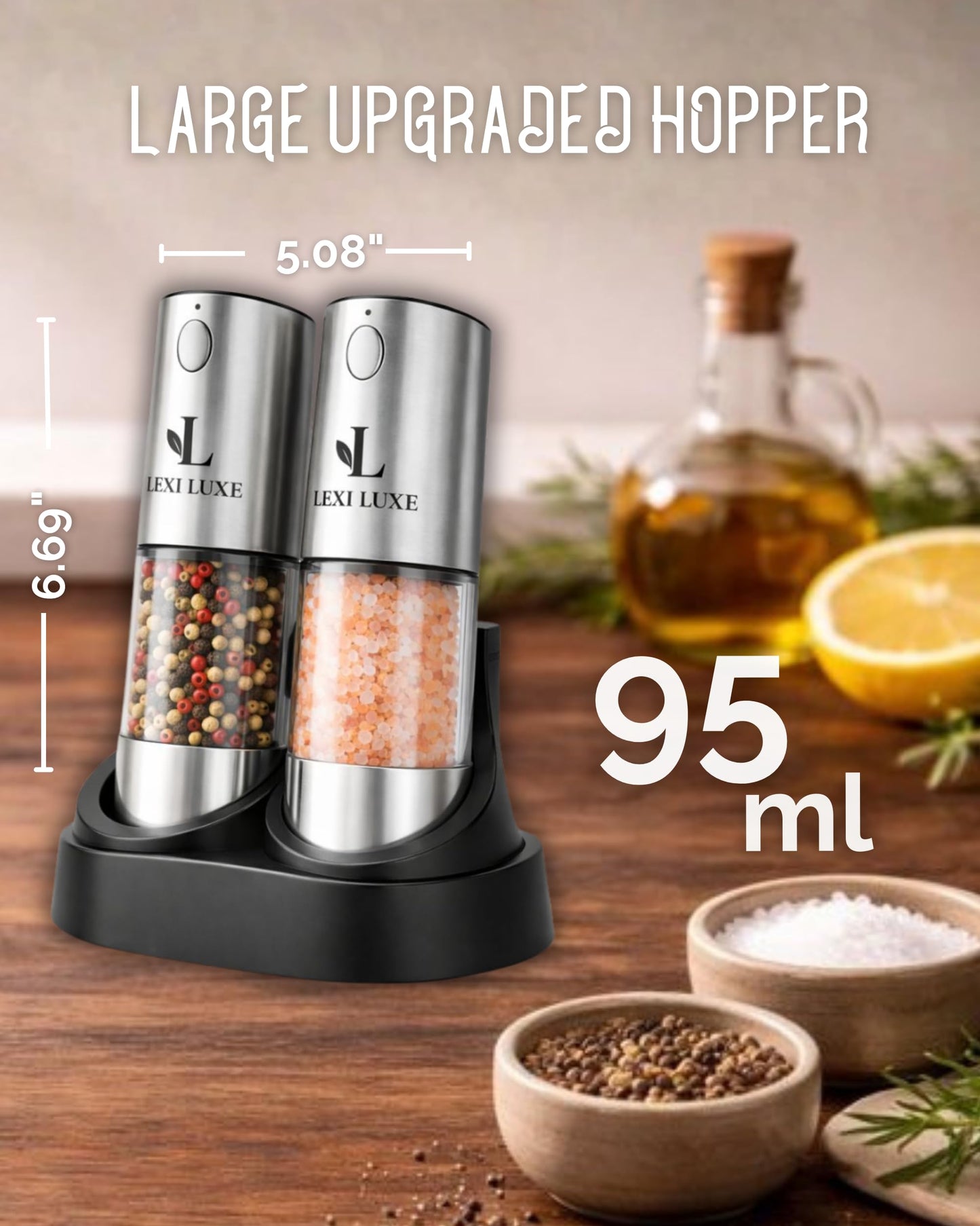 Electric Salt and Pepper Grinder Set, Rechargeable USB-C Automatic Grinder with Charging Base, LED Light, Adjustable Coarseness – Stainless Steel Pepper Mill Set (SILVER)