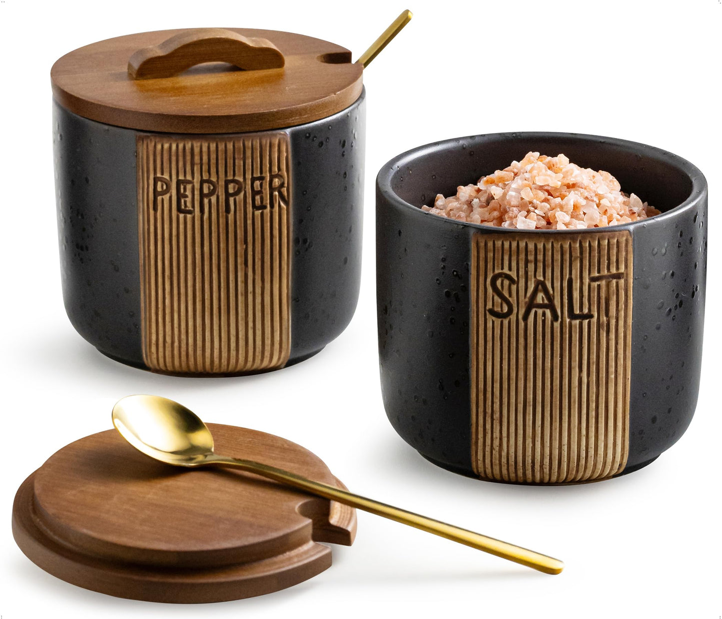 YHOJOY Salt and Pepper Bowl, Ceramic Salt Containers for Countertop, Salt and Pepper Cellar with Lid and Spoons, Black