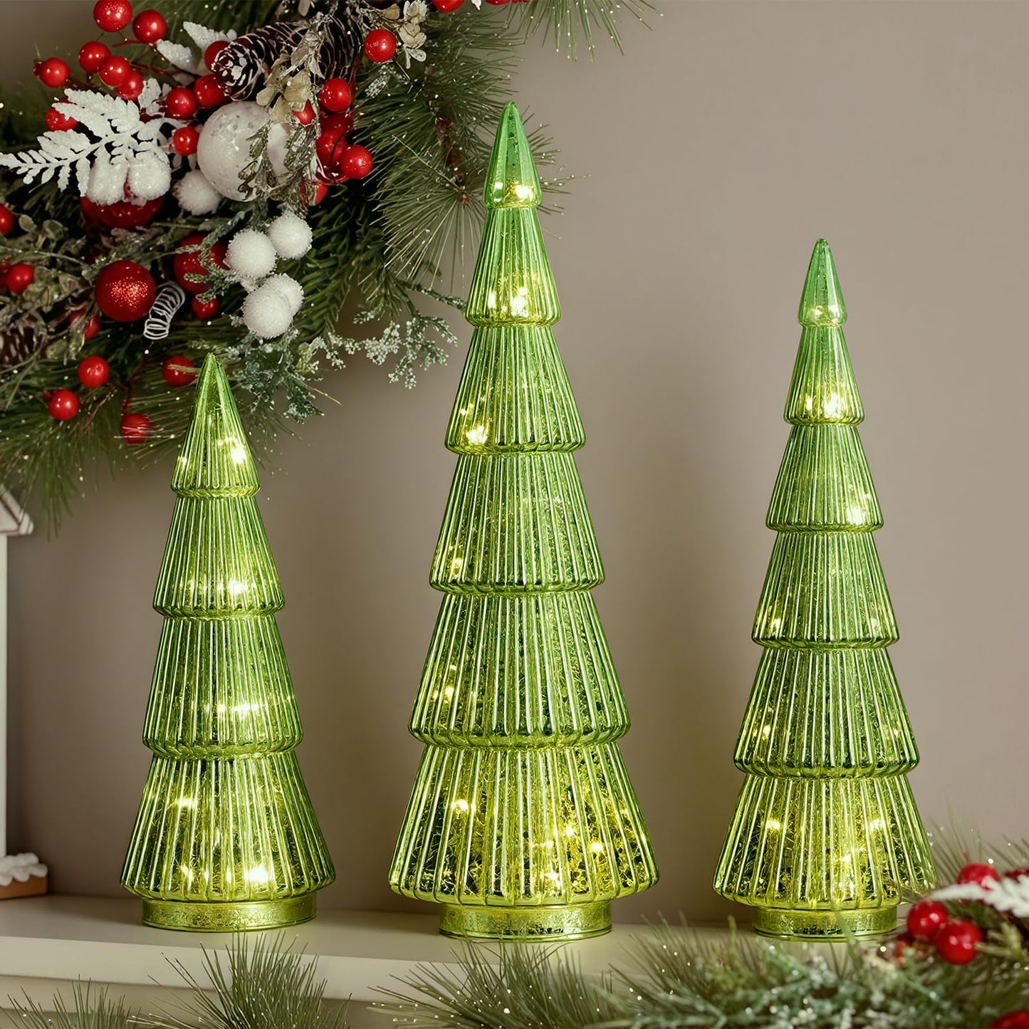Pawliss Glass Christmas Tree Figures: 3pcs Green Artificial Glass Tree Tabletop Centerpiece Figurines, Crystal Finish Tree Table Ornaments, Classic Gifts for Winter Christmas Decorations for The Home