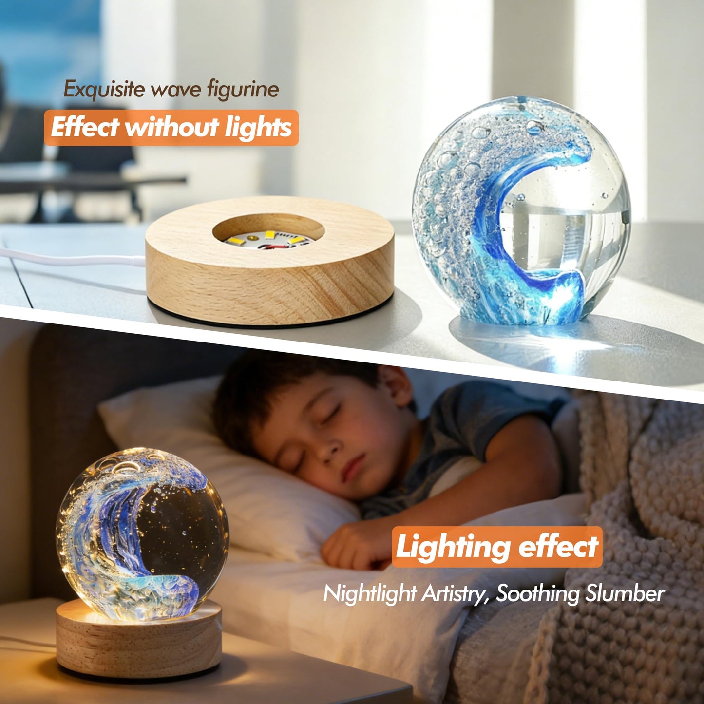 LOULIQIGIFT Hand Blown Glass Ocean Waves Ball 2.36in Crystal Ball with Wooden Light Base Sea Glass Art Beach Decor for Home Office Gifts for Ocean Lovers