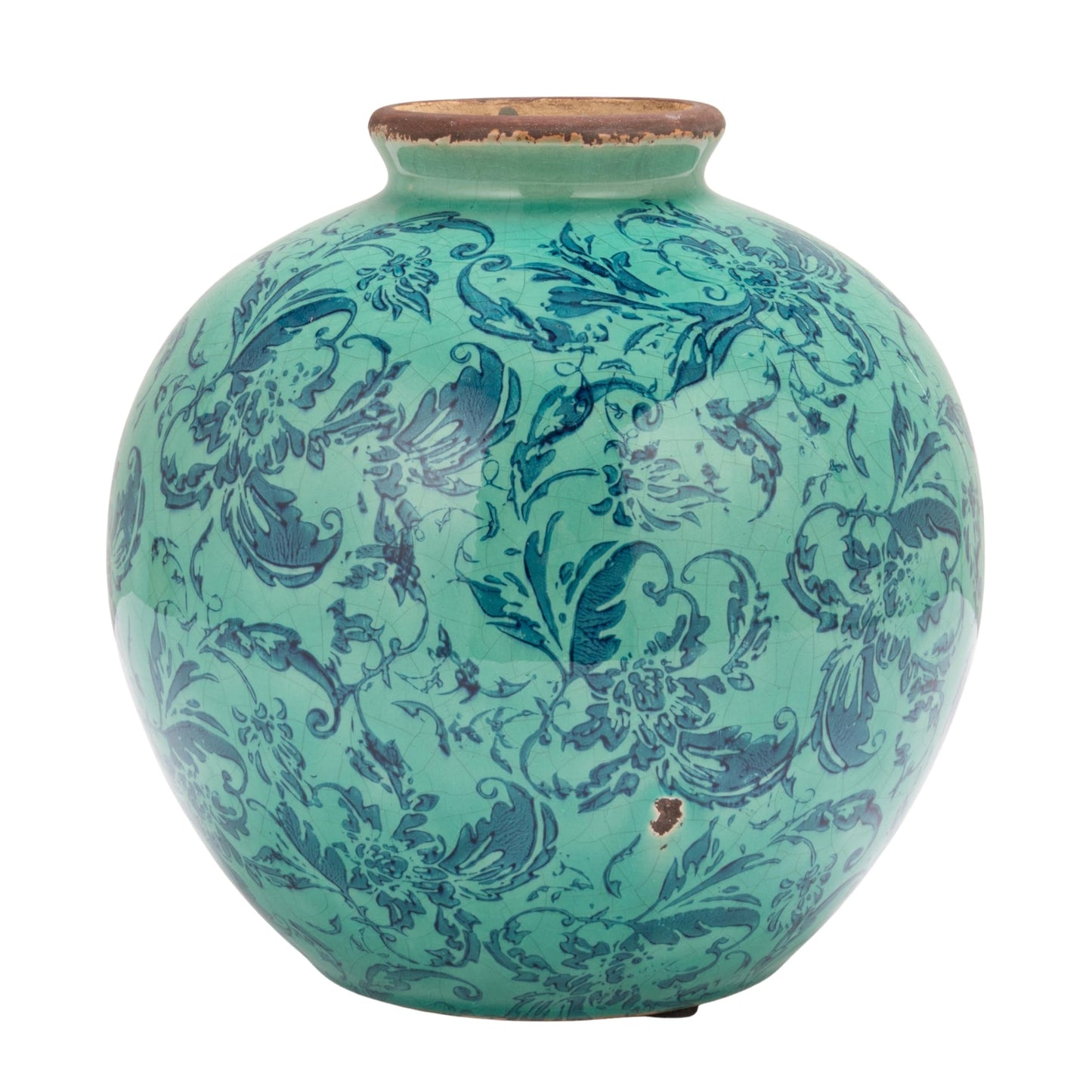 Creative Co-Op Round Decorative Terra-Cotta Vase with Transferware Pattern, Aqua