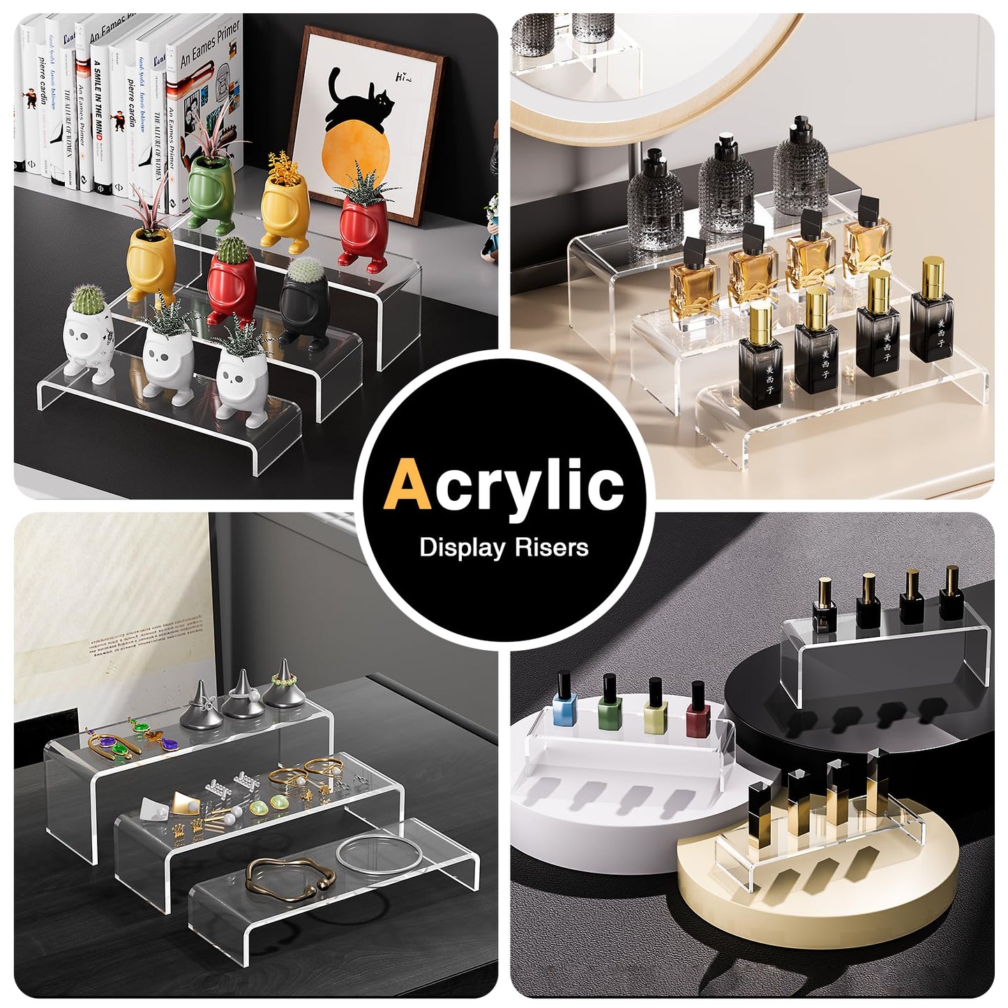 Acrylic Display Risers, 6 Pcs 12" Large Acrylic Risers Stand, 6Pcs 12" Large Acrylic Risers Thickened to 5mm Clear Rectangular Tiered Display Shelf for Cupcake Jewelry Gemstone Curio Figurines Collectibles