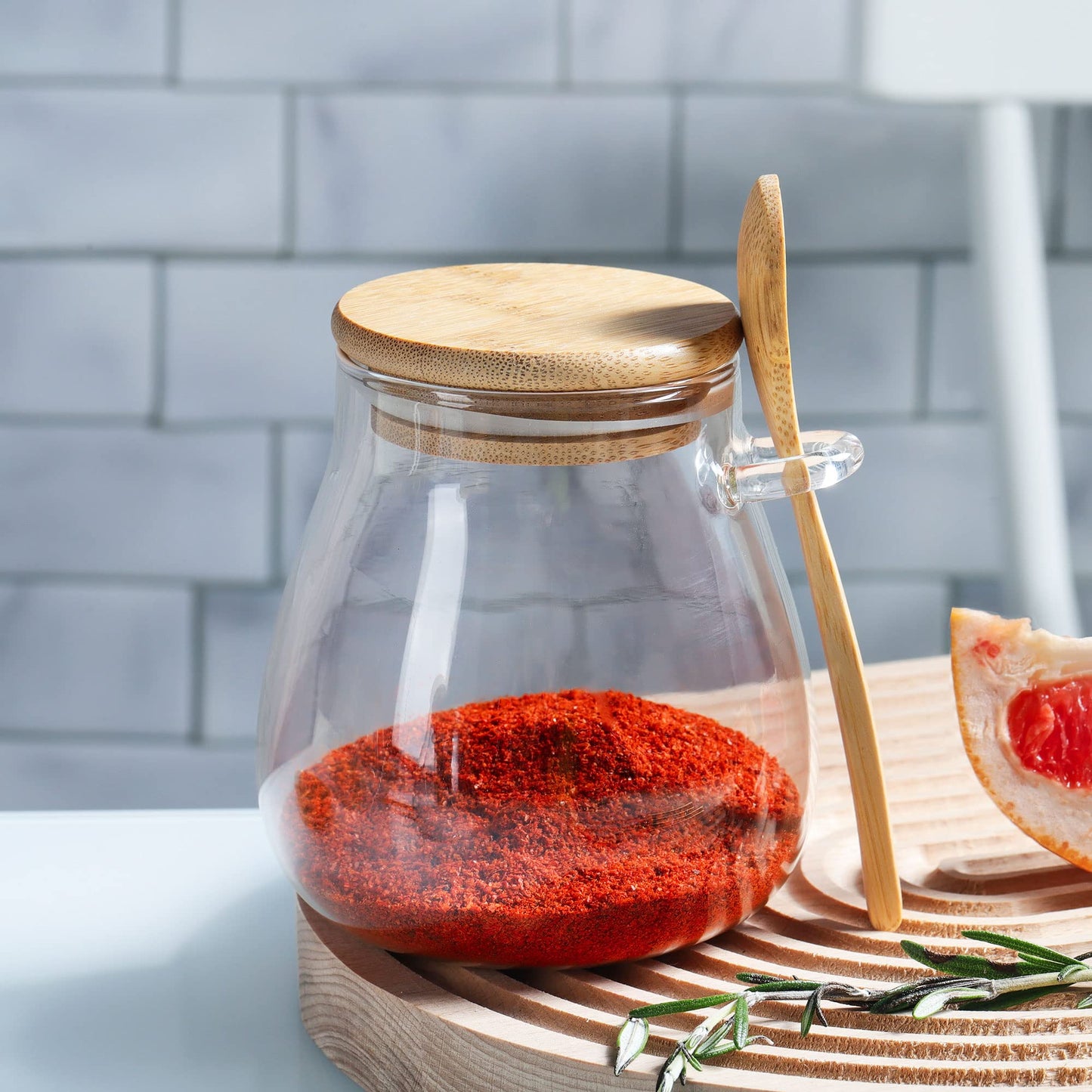 Joeyan Glass Jar with Airtight Bamboo Lid and Spoon Attached, 12 oz Salt Sugar Spice Seasoning Container, Clear Condiment Pot, Glass Food Storage Canister for Kitchen Countertop Pantry, Set of 2