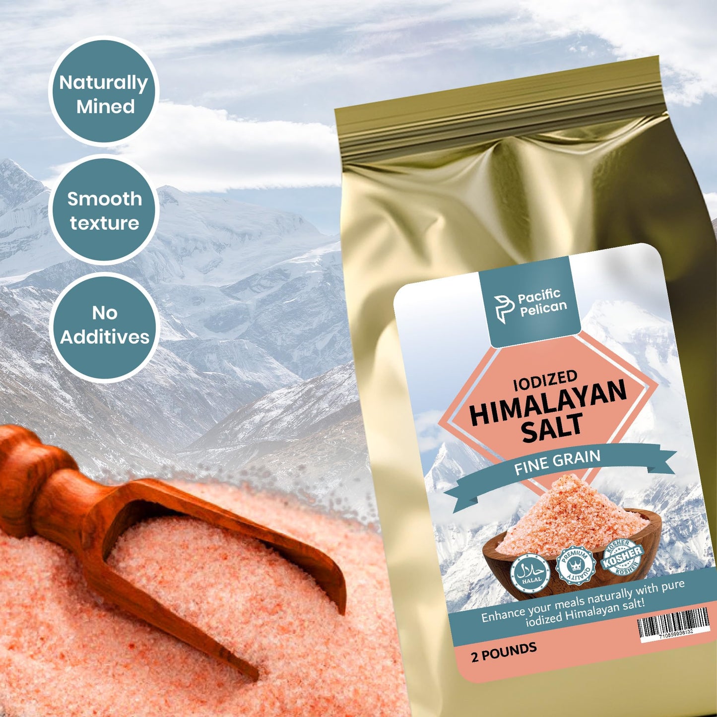 Pacific Pelican Iodized Himalayan Pink Salt | Fine Grain, Unrefined, Pure Rock Salt | 2 Pounds | 100% Natural & Organic for Cooking, Seasoning & Wellness