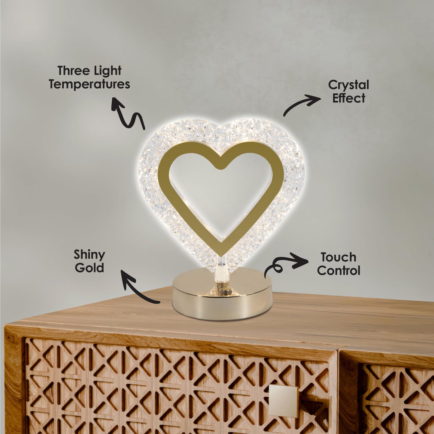 Luze Rechargeable Crystal Heart Touch Lamp - LED Night Lamp with Stepless Dimming, Warm White/Natural White/White Light, 18650 800mAh Battery, USB Cable, Touch Switch Metal Plastic Bedside Light