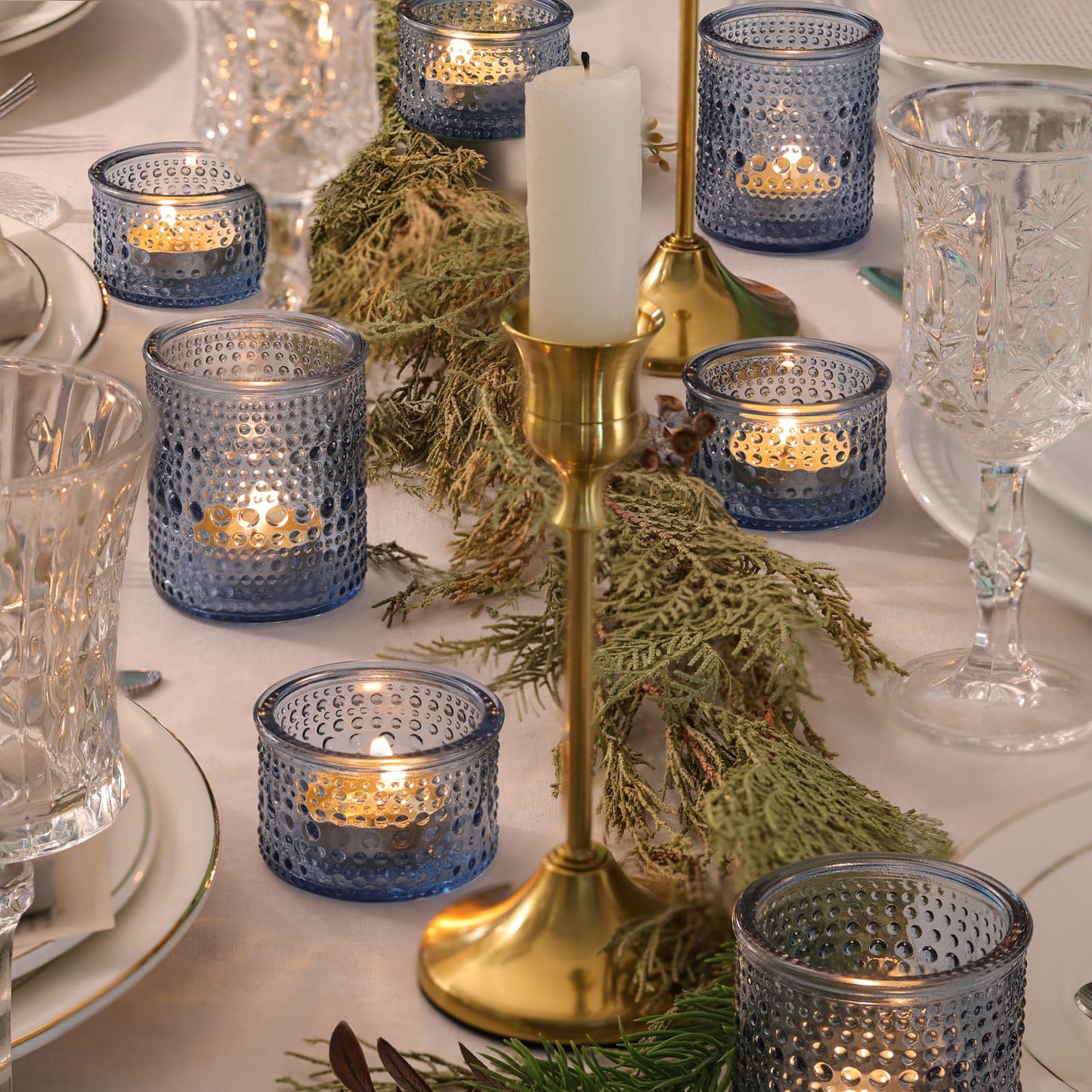 NITIME Blue Glass Votive Candle Holders Set of 24, Assorted Heights Polka Dot Tealight Candle Holders for Table Centerpiece, Blue Candle Holder Decor for Wedding, Baby Shower Party & Spa
