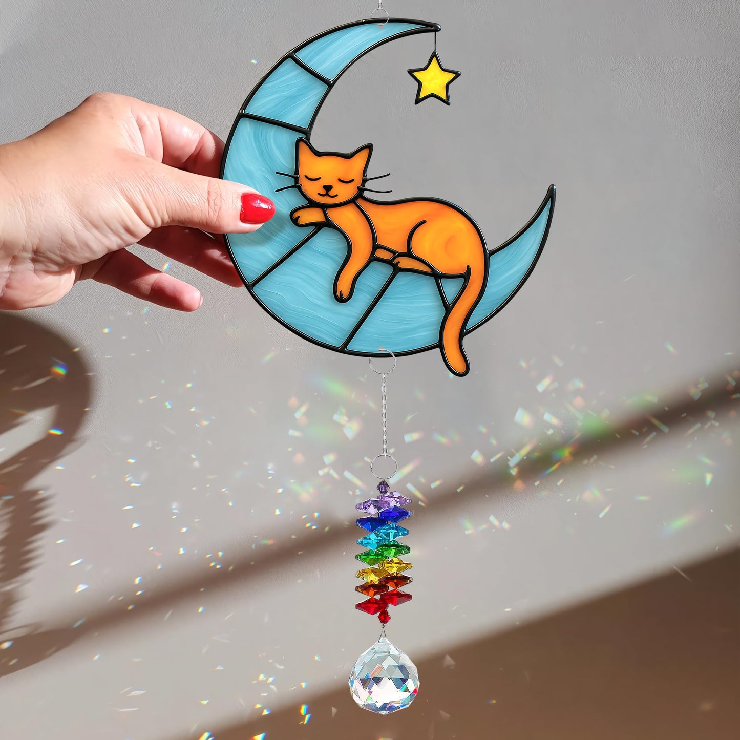 MALFIRST Orange Cat Suncatcher – Cute Orange Cats Hanging on Crescent Moon – Tabby Cat Gifts for Women, Home Window or Garden Decor