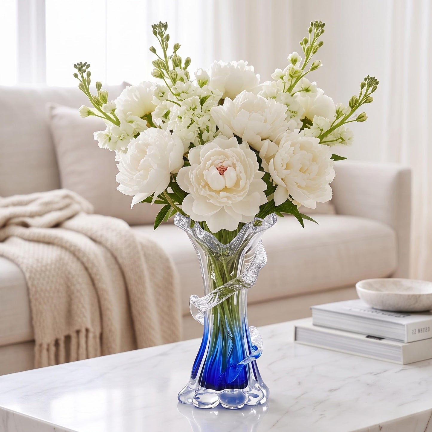 Unique Hand Blown Blue Glass Vase - Artistic Blue Gradient Flower Vase for Home Decor, Centerpieces & Office Shelf