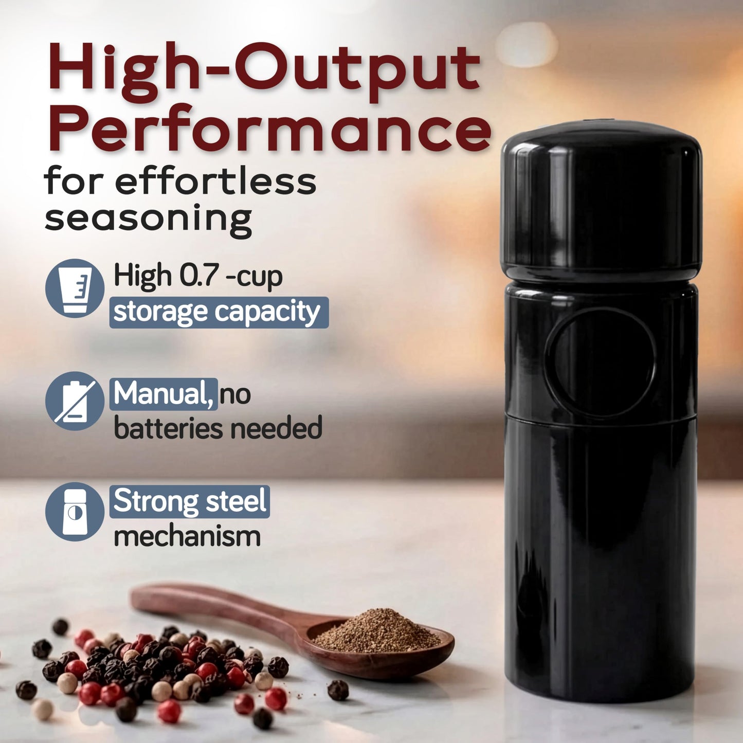 MAGNUM Pepper Mill, Unicorn by TRE SPADE,Premium Manual Pepper Grinder with Steel Burrs, Side-Loading Refill, Adjustable Coarseness, High-Capacity Output, ABS Plastic, 6 Inch Small Size, Made in Italy