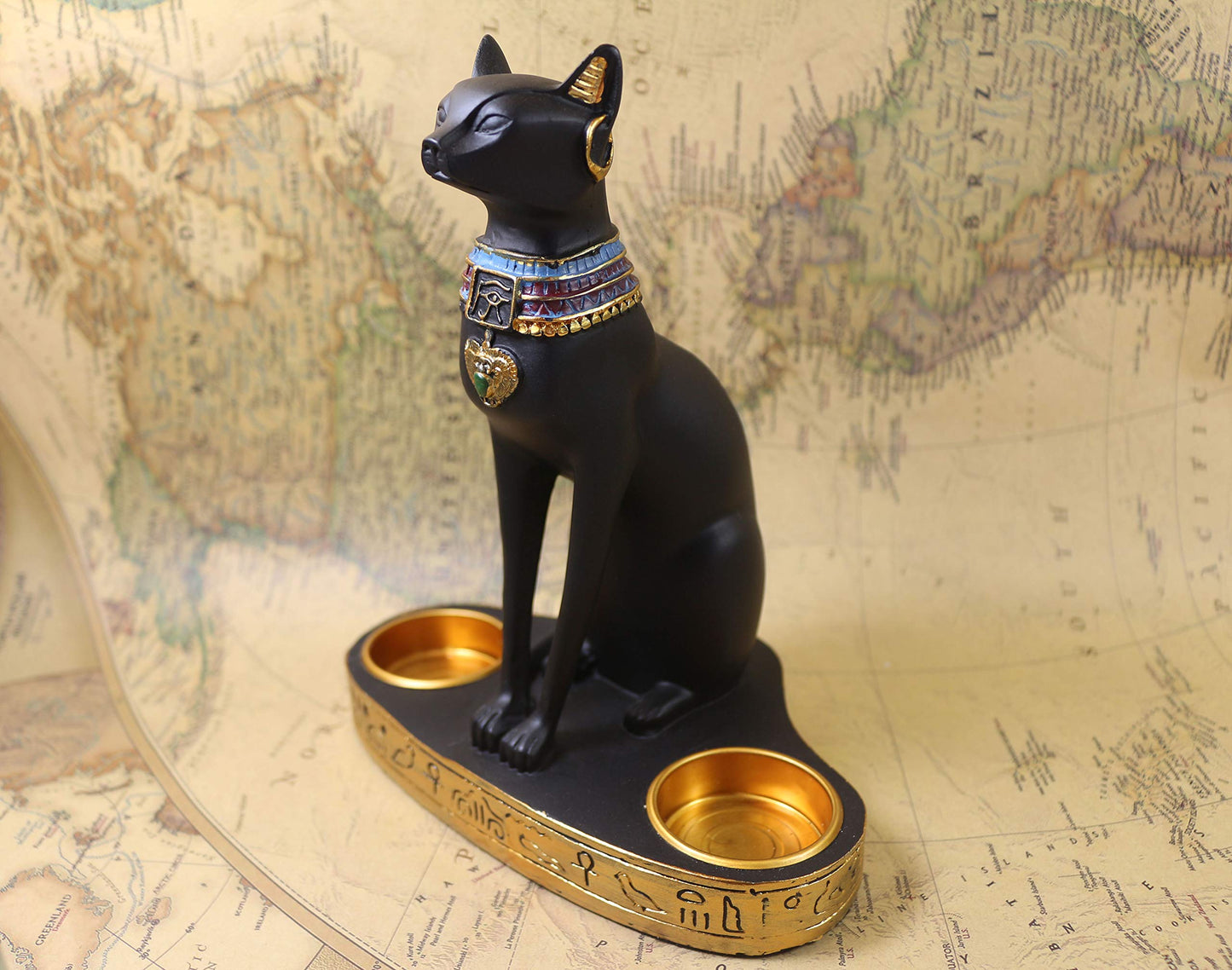 KiaoTime Ancient Egypt Egyptian Bastet Cat Goddess Statue Collectible Figurine Bastet Cat Sculpture with 2 Tea Light Candle Holder (Cat Statue with Candle Holder)