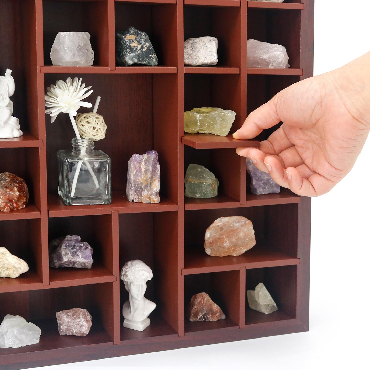FramePro Rock Display Case - Adjustable Mineral Collection Box with Glass Lid, Wooden Cabinet for Rock, Fossil, Crystal, Seashell Collections - Geology Gift for Adults/Kids (16" x 13.5", Brown)