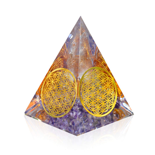 Orgonite Crystal Handmade Amethyst Pyramid with Flower of Life Symbol – Resin Decor for Meditation, Yoga, Chakra Balancing, Spiritual Gift, Desk or Home Display