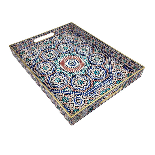 Plastic Coffee Trays,Serving Tray,Bohemian Blue Tray,15.7" L x 11.8" W x 1.57" H,Lightweight and Non-Slip with Handles,Perfect for Restaurants,Cafés,and Home Use(Rectangle Bohemian Blue)