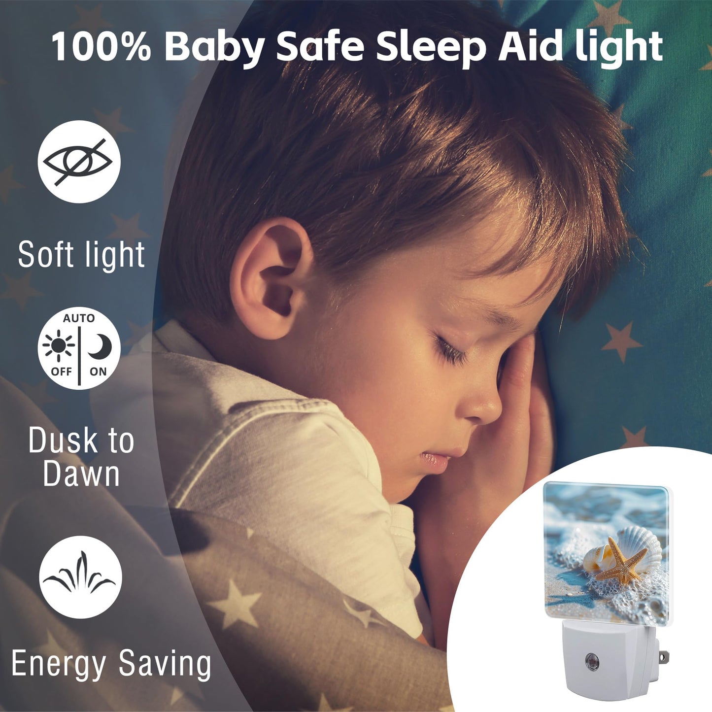 sndheke Starfish Seashell on Beach Night Light Plug into Wall, Summmer Ocean Beach Dusk to Dawn Night Light,0.5w Energy Saving Sleep Friendly Nightlights for Kids Boys Girls Home Decor