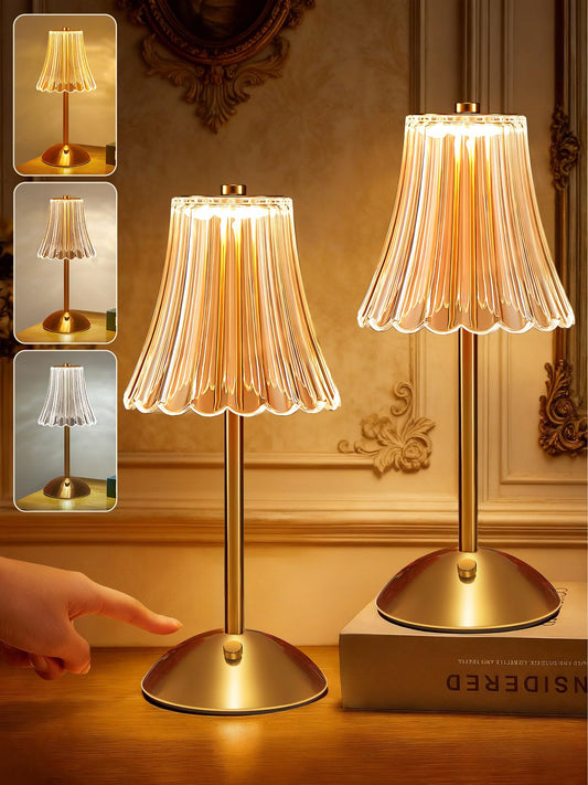 One Fire Crystal Lamp Set of 2, 3 Colors Gold Lamps Mood Listing, Dimmable Bedroom Lamps Vintage Lamp,Rechargeable Nightstand Lamp, Table Lamp for Bedroom Living Room Bathroom Hotel Bar