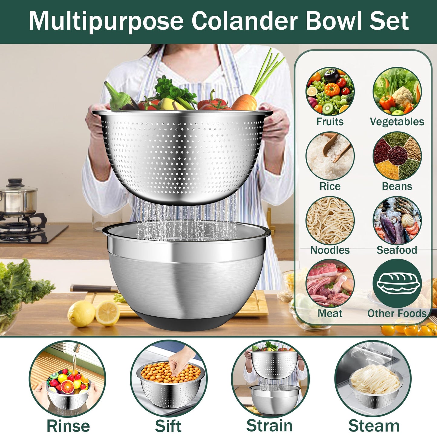 Mixing Bowls with Airtight Lids, Stainless Steel Mixing Bowl Set with 3 Nesting Kitchen Metal Bowls, Colander & Grater, Non-Slip Bottoms, Size 1.5, 2.5, 5 QT, Great for Mixing & Serving, Black