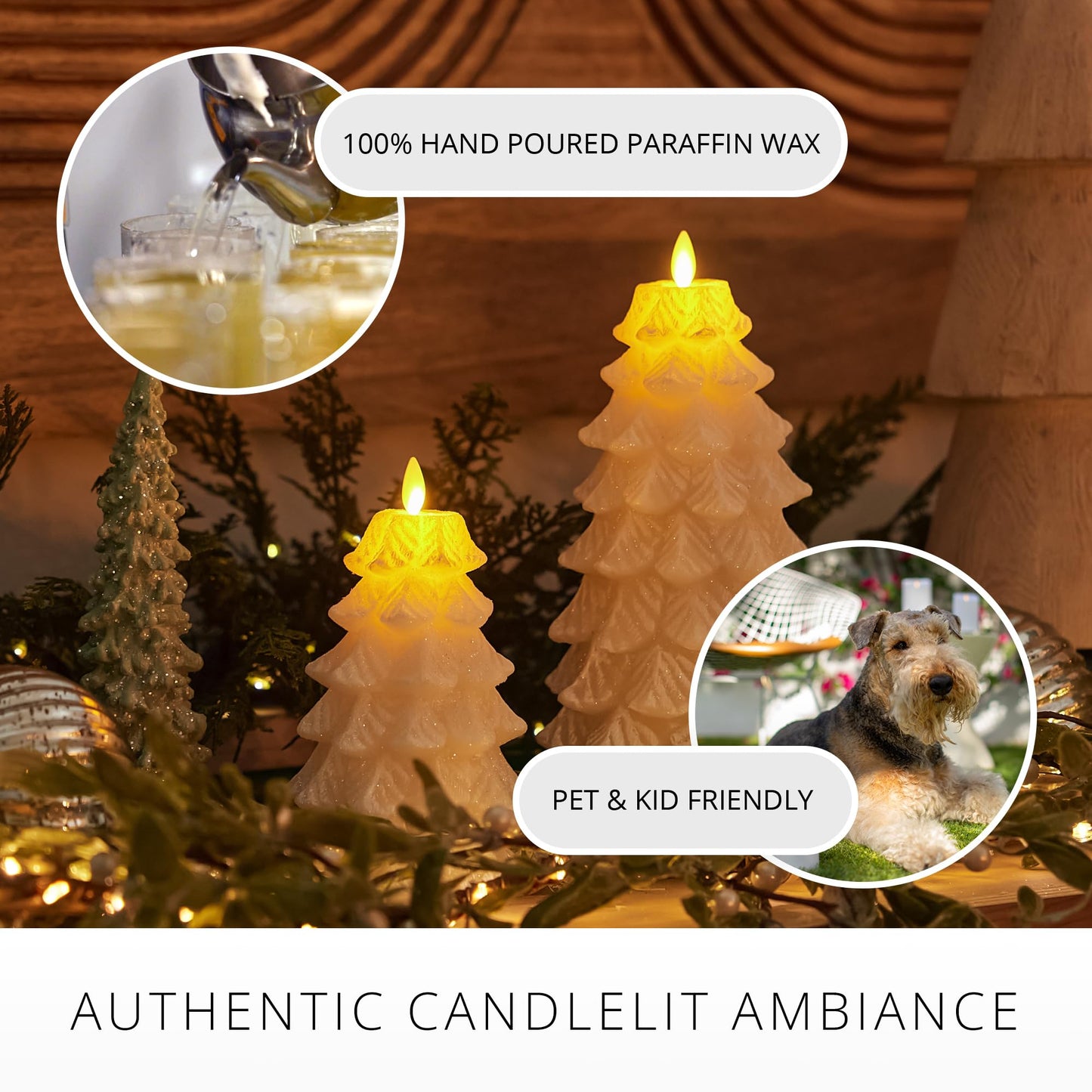 Luminara Christmas Tree Flameless LED Candle, White Swan 4.7" x 6.5", Moving Flame Battery Operated Timer, Holiday Decor, Glitter Snow Finish Safe