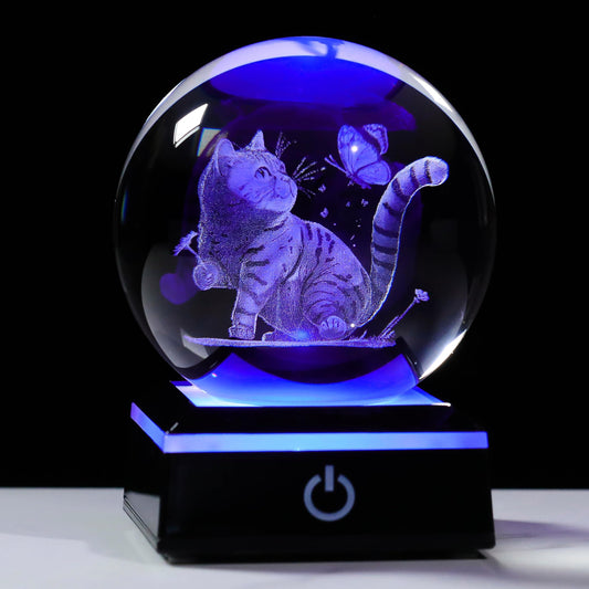 Qianwei Crystal Ball - 3D Laser Cat Decor Glass Animals Red Bird Figurines Statue & Night Light