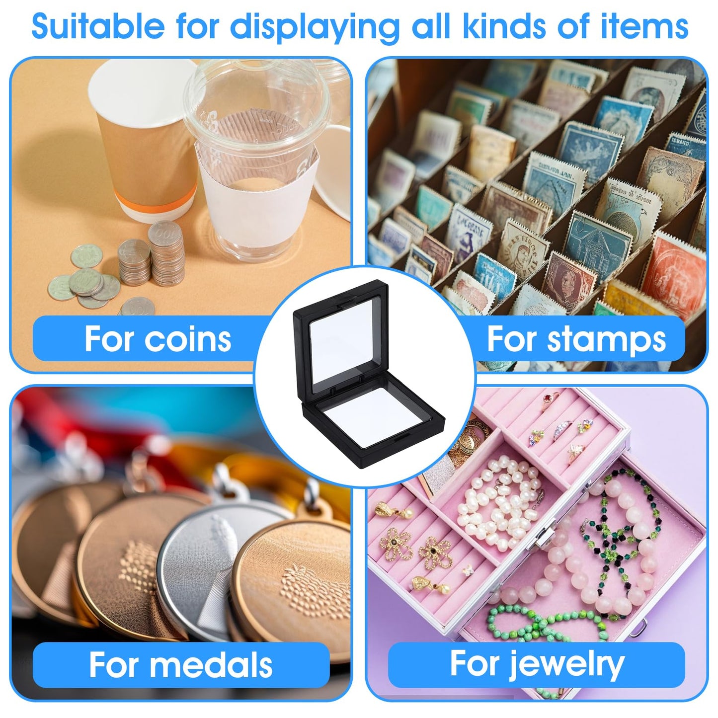 60 Pcs 3D Floating Display Case, 2.8 x 2.8 x 0.8 Inch Transparent Film 3D Floating Coin Display Frame Holder Stands for Challenge Coins, Jewelry, Shells, Gems, Rocks, Fossils, Specimen (Black)