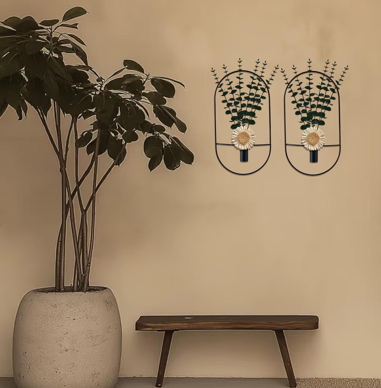 2 Pack Black Metal Wall Hanging Vase with Artificial Plants, Metal Plants Decor for Living Room, Bedroom, Bathroom, Dining Room, Fake Faux Plant Display
