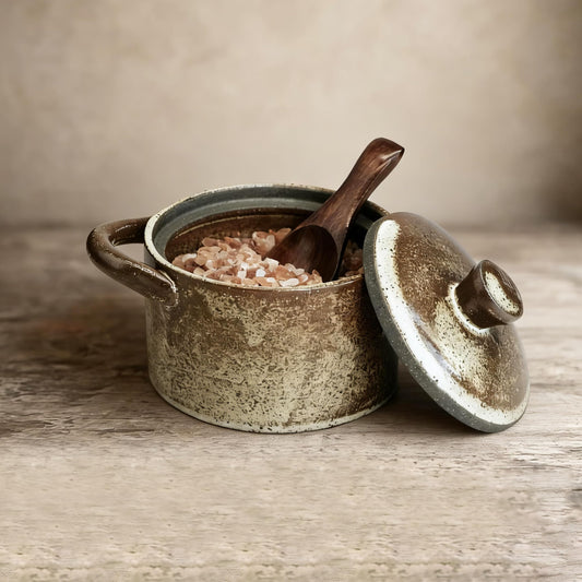 seicasaya Handcrafted Speckled Ceramic Salt Cellar with Wooden Spoon, Rustic Vintage Spice Jar, Dishwasher Safe, 8.45 fl oz (Peckled Ceramic)