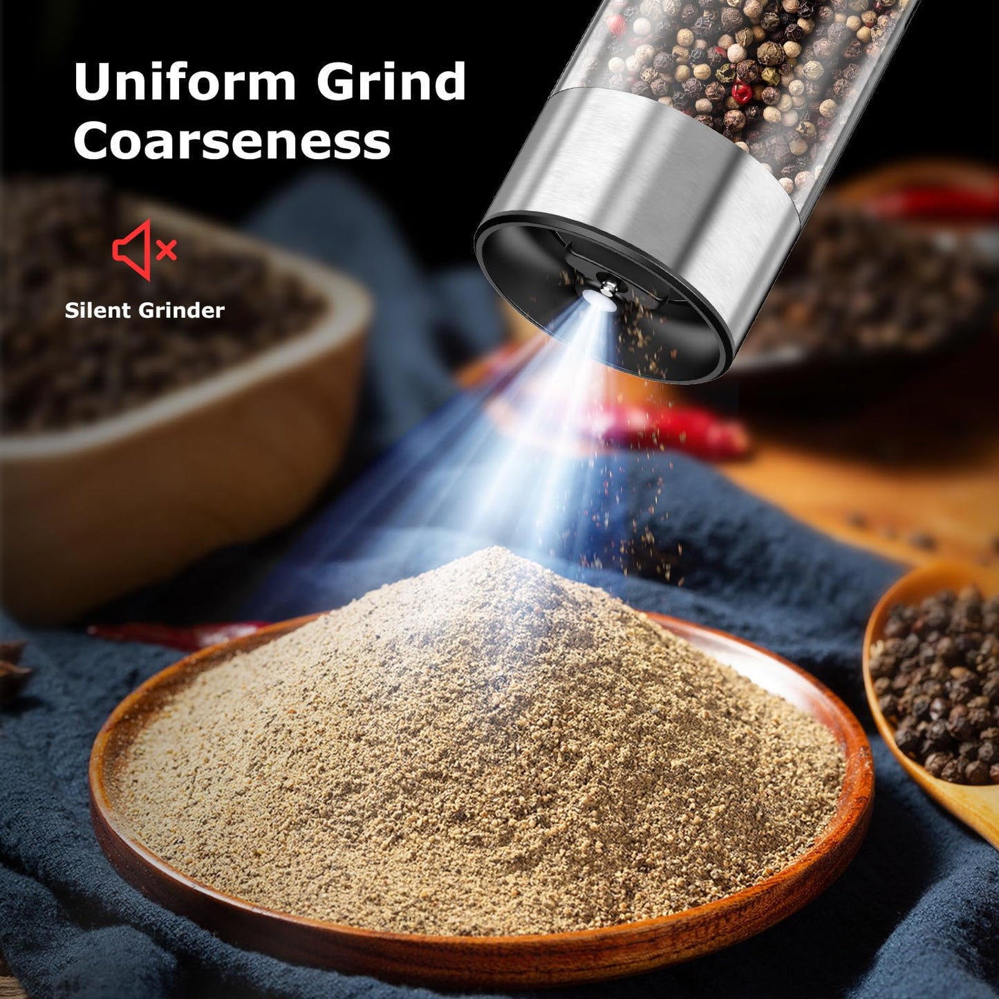 Bonsenkitchen Electric Salt and Pepper Grinder Set, 95ml Large Capacity, Clean Brush, Stainless Steel Adjustable Pepper Mill with LED for Kitchen, BBQ & Camping, Battery Powered (Not Included)