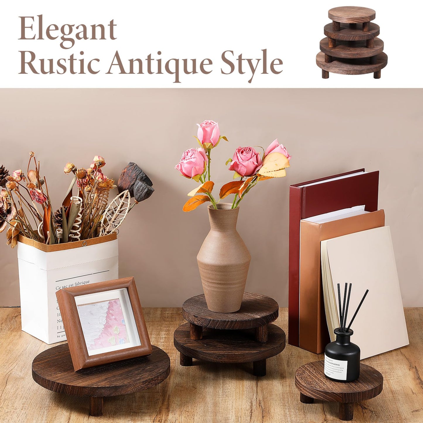 IANFAN 4 Pcs Round Wooden Risers for Display, Wood Pedestal Stand Mini Tiered Tray Stand Rustic Wooden Riser Holder for Home Decor Kitchen Counter, 4 Size(Brown)