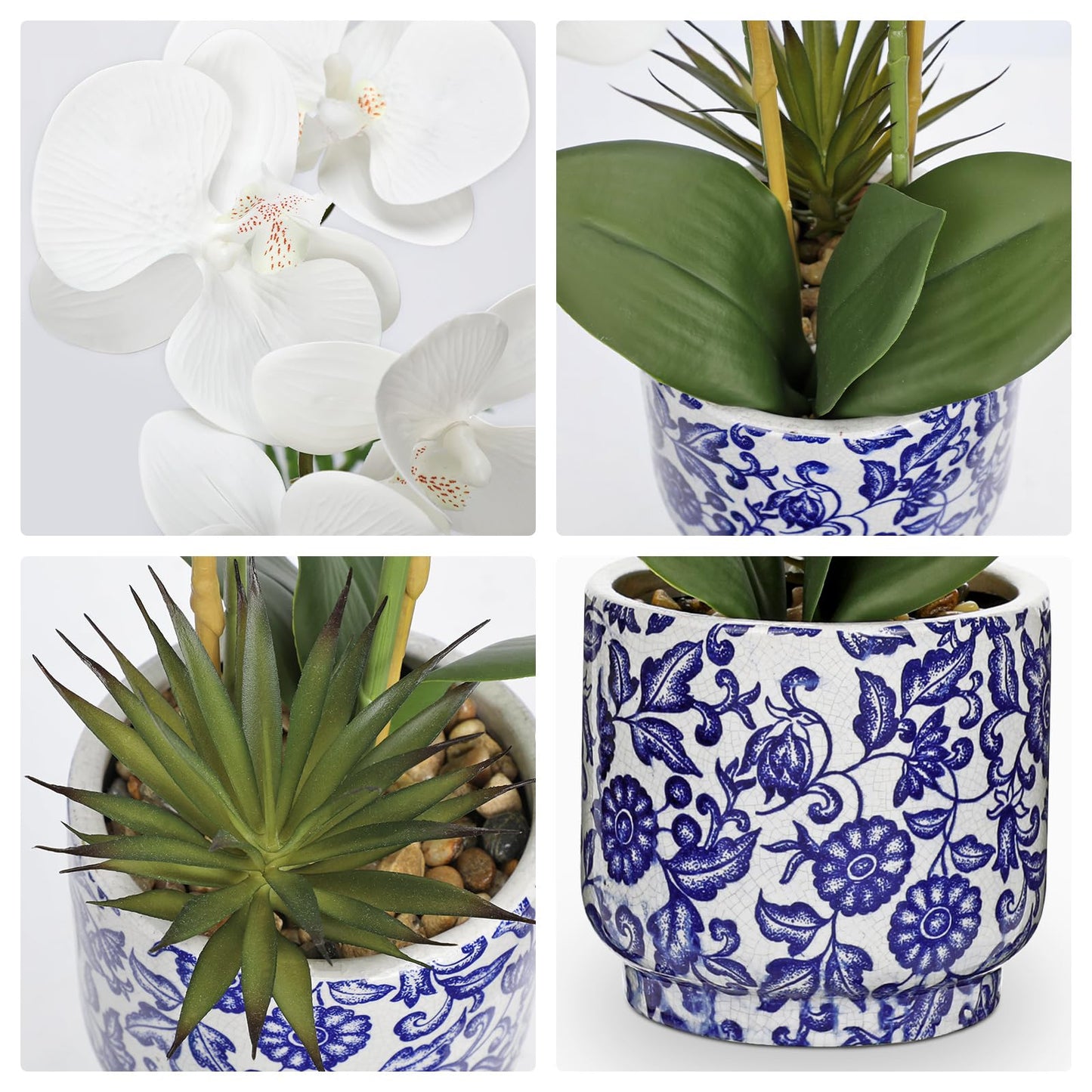 Briful Orchid Artificial Flowers 19.6in White Orchid Silk Floral Arrangement with Blue and White Ceramic Pot Fake Orchid Plant for Home Office Dining Room Table Centerpiece Decor