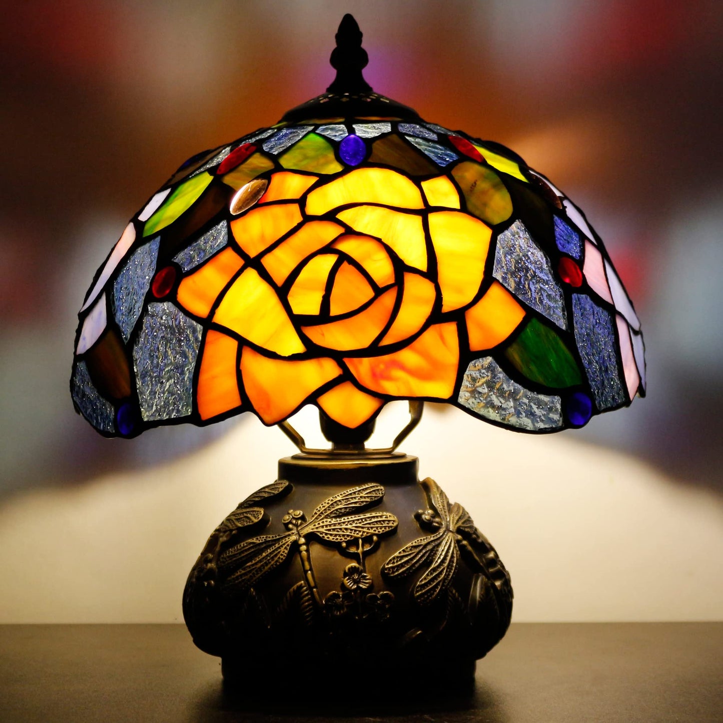 SYETL Small Tiffany Table Lamp Yellow Purple Rose Style Stained Glass Desk Lamp 10X11.5 Inch Mushroom Table Light for Office Home Living Room Bedroom
