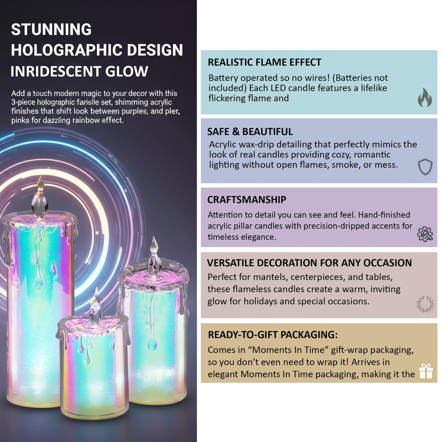 MOMENTS IN TIME 3-Piece Holographic LED Flameless Candle Set Glittering Acrylic Pillar with Realistic Dripping Wax and Flame Effect Home décor. Sizes: 5.5” 7” 9.5” (Batteries not Included)