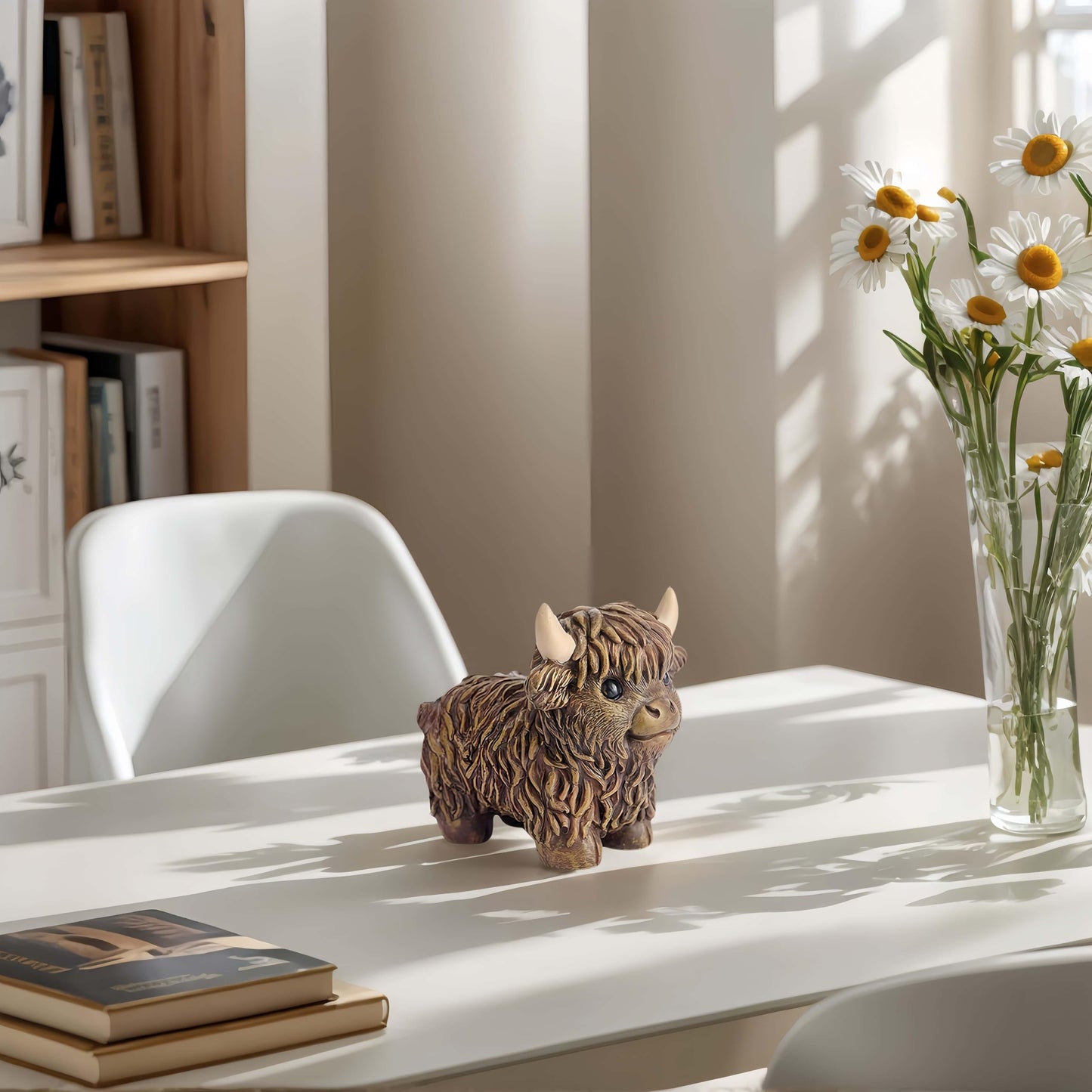 NYSCURE Nordic Cow Statue Resin Brown 4.3 Inch Highland Cow Figurine Scottish Calf Statues, Desk Bookshelf Decor Gardens Office Tiered Trays Living Room Ornament Gifts