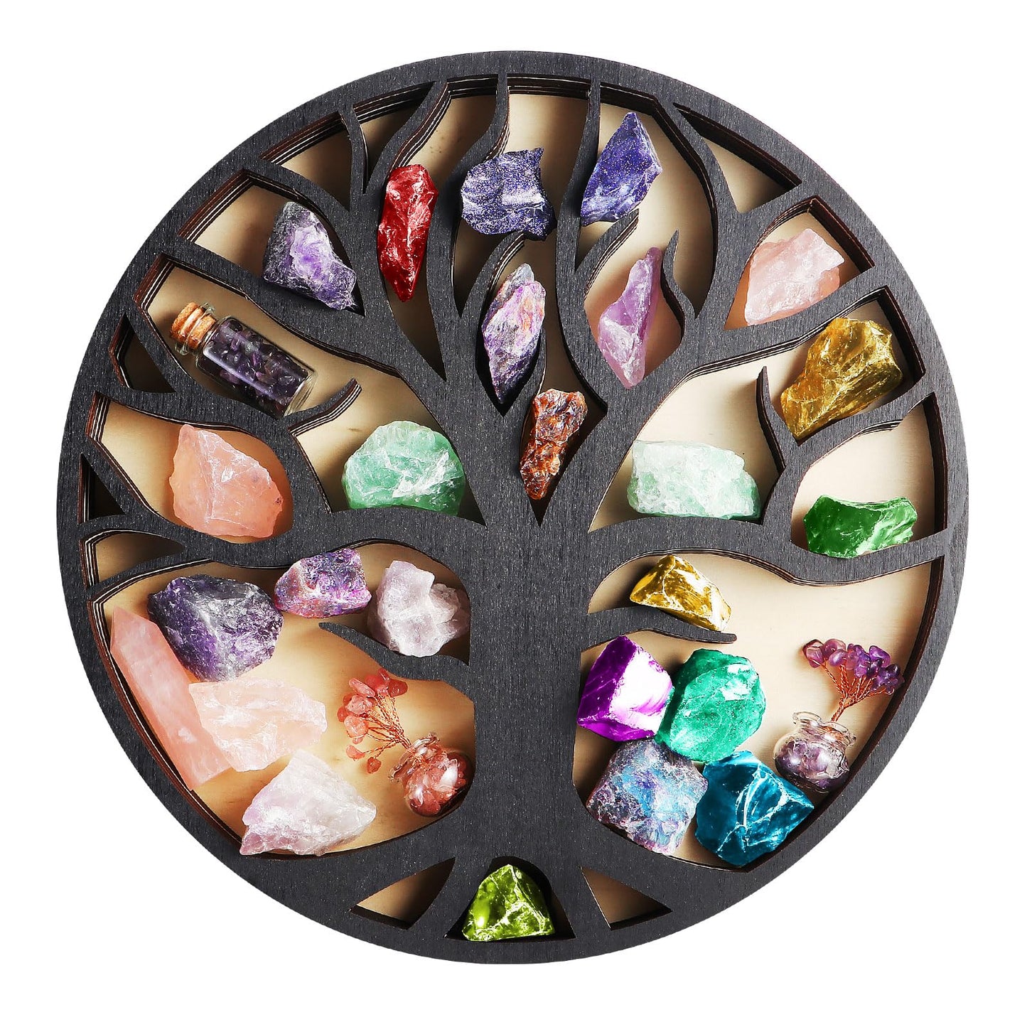 Wooden Crystal Display Shelf Tree of Life Floating Shelf for Rocks, Stones, Crystals, Essential Oils Storage, Wall Mounted Shelf, Gothic Rustic Boho Style Wall Art Decor, 11.8x11.8 inches