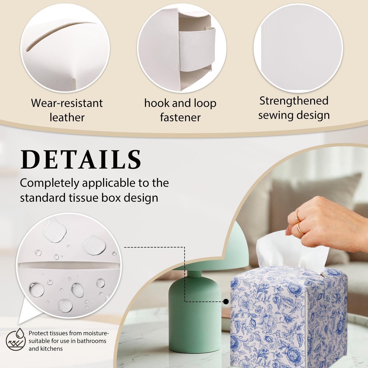 Boho Floral Toile Tissue Box Cover, Blue and White Floral Tissue Box Holder-Waterproof Leather, Desktop Decor for Living Room, Vanity, Office, Gift for Women & Friend, 5 x 5 Inches-A02