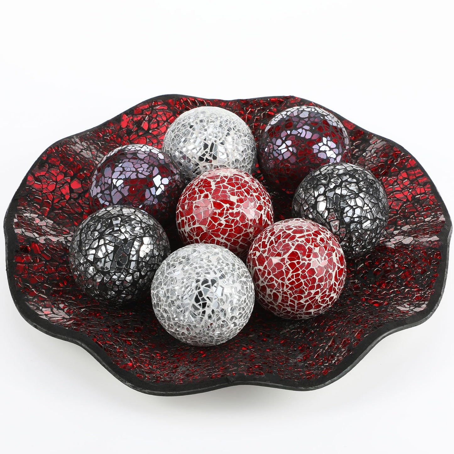 Suclain Centerpiece Bowl and Decorative Balls Set 8 Pcs Table Mosaic Plate with 2.4 Inch Glass Mosaic Orbs Glass Turquoise Tray and Spheres for Centerpiece Table Home Vases Decor (Red and Black)