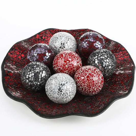 Suclain Centerpiece Bowl and Decorative Balls Set 8 Pcs Table Mosaic Plate with 2.4 Inch Glass Mosaic Orbs Glass Turquoise Tray and Spheres for Centerpiece Table Home Vases Decor (Red and Black)