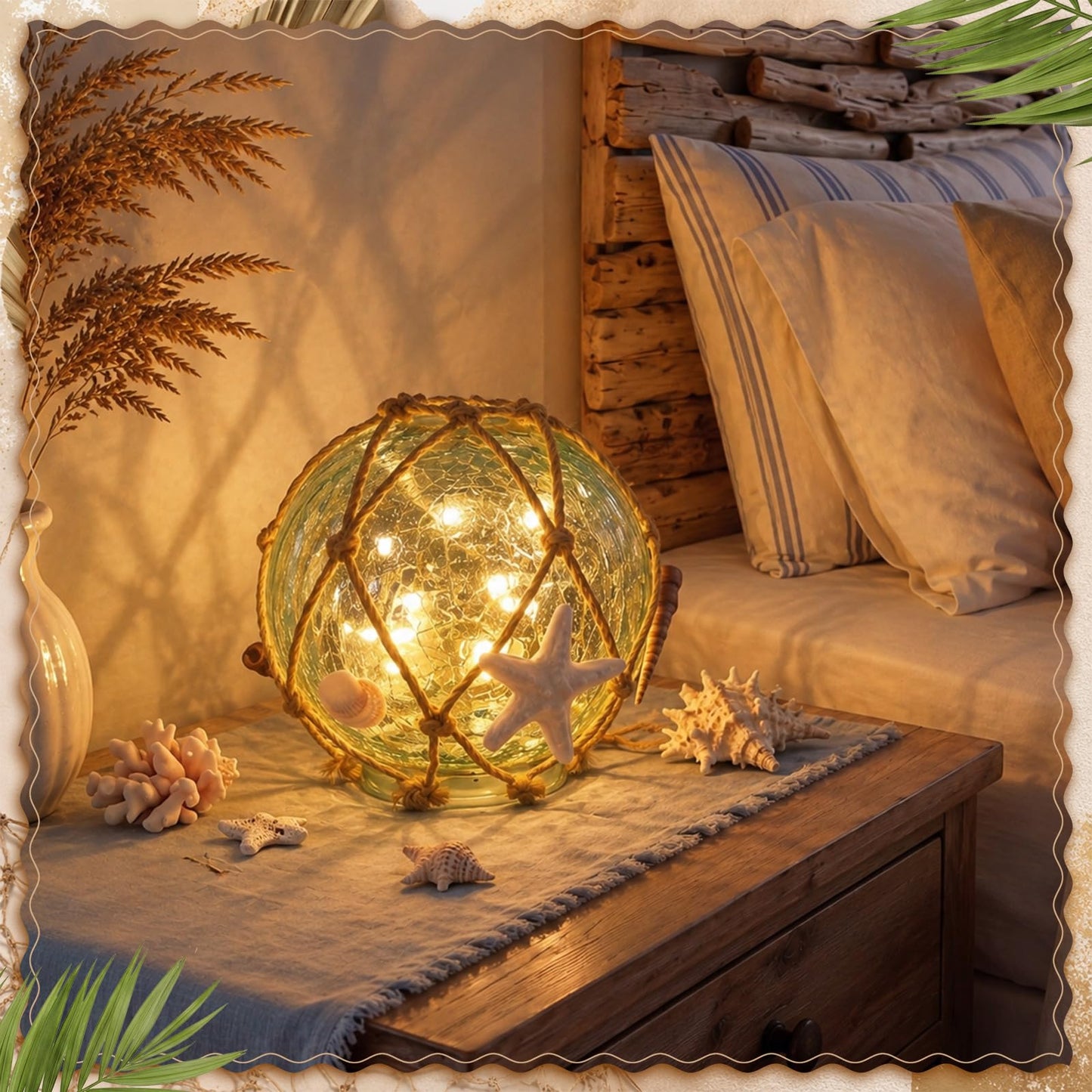 Fumete 6 Inch Glass Fishing Float Nautical Lamp Coastal Starfish Seashell Beach Decor Blue Cracked Glass Ball Night Light for Summer Beach Coastal Bathroom Home Decor Gifts
