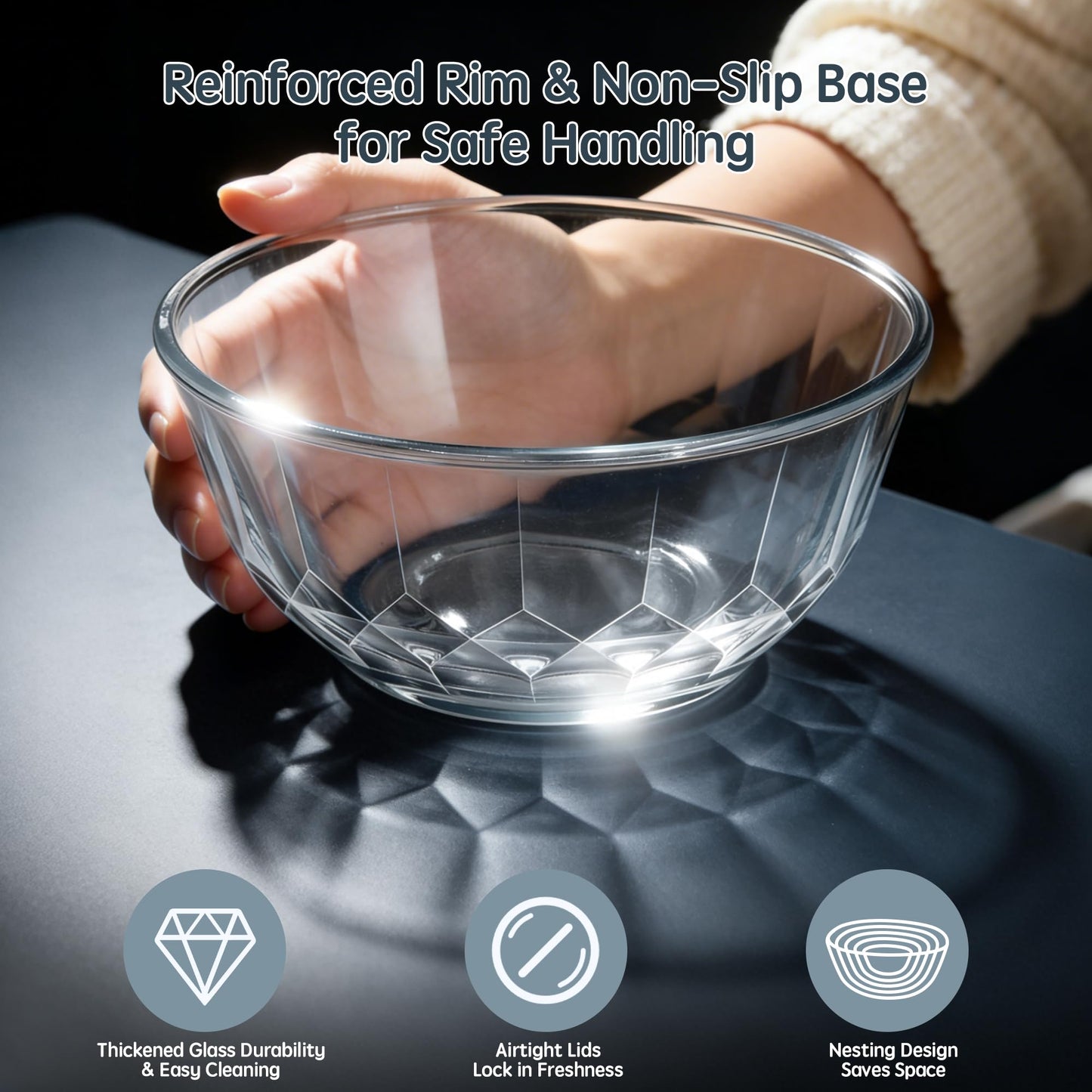 ENVTEK Thick Glass Mixing Bowls with Airtight Lids Set, 5-Piece Nesting Bowls for Baking & Meal Prep, BPA Free, Dishwasher Safe, 0.5/0.8/1.6/2.7/4.4 Quart - Gray