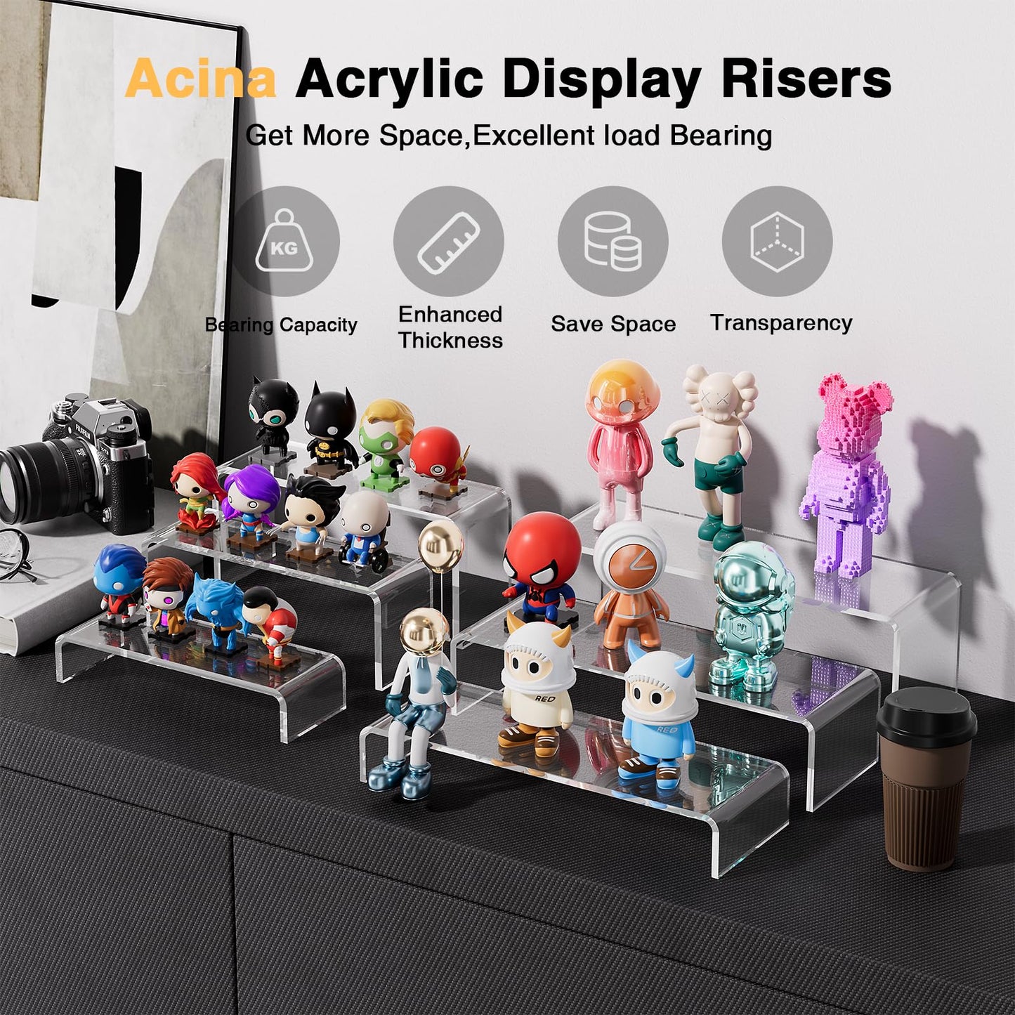 Acrylic Display Risers, 6 Pcs 12" Large Acrylic Risers Stand, 6Pcs 12" Large Acrylic Risers Thickened to 5mm Clear Rectangular Tiered Display Shelf for Cupcake Jewelry Gemstone Curio Figurines Collectibles