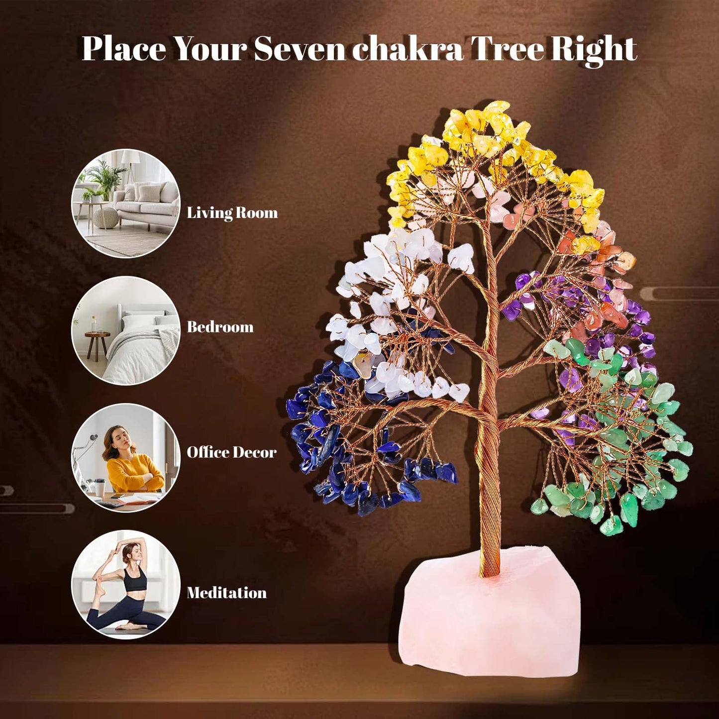 Natural Crystal Tree of Life Chakra Healing Trees Home Decor, Office Decor, Living Room Decor, Handmade Money, Good Luck Christmas Tree Birthday Gifts for Women Mom (Rose Quartz-Base)