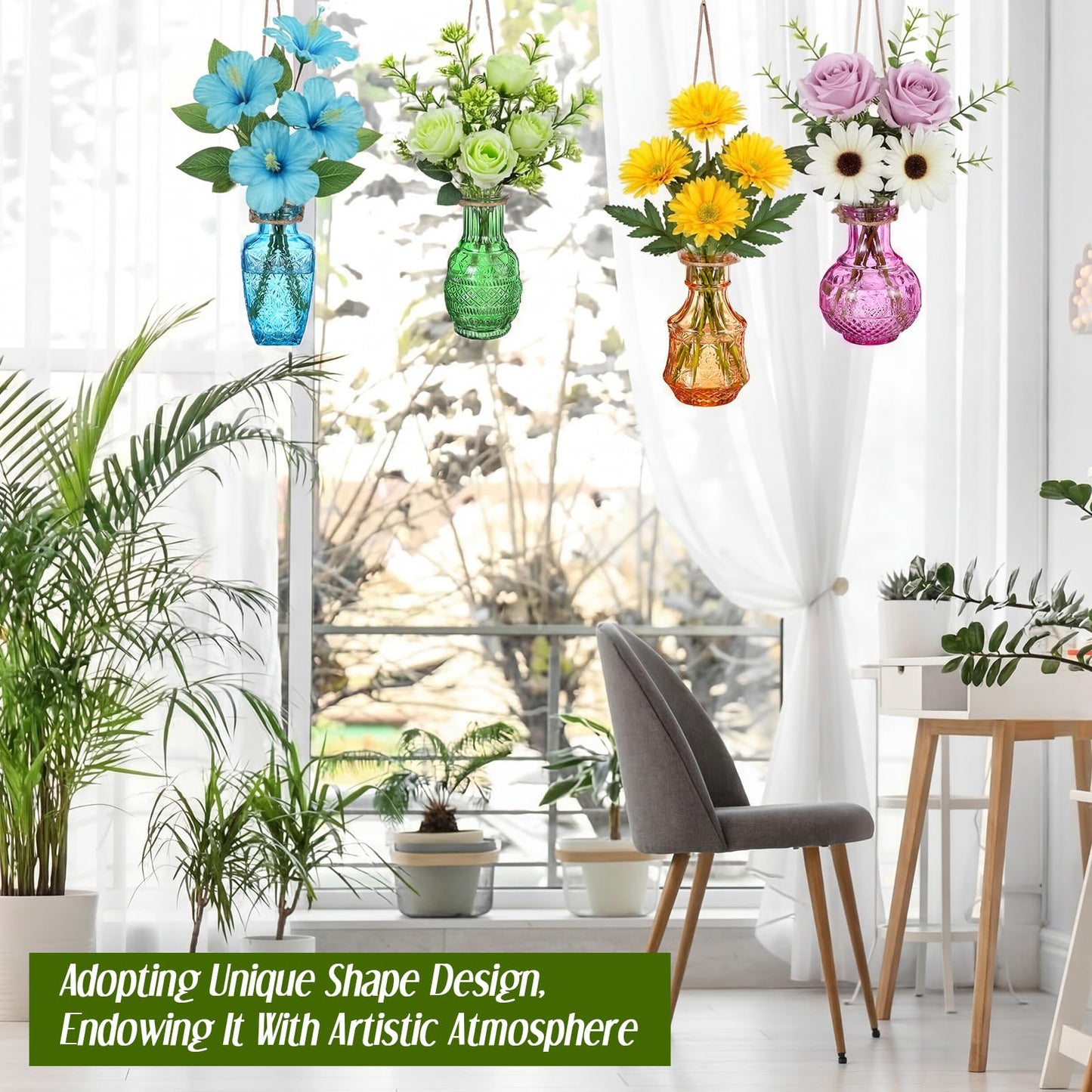 Wonderjune 4 Pcs Stained Glass Hanging Vases Hanging Glass Planters Small Plant Terrarium Pot Containers with Rope for Garden Home Indoor Outdoor Decor, 4 Styles (Elegant)