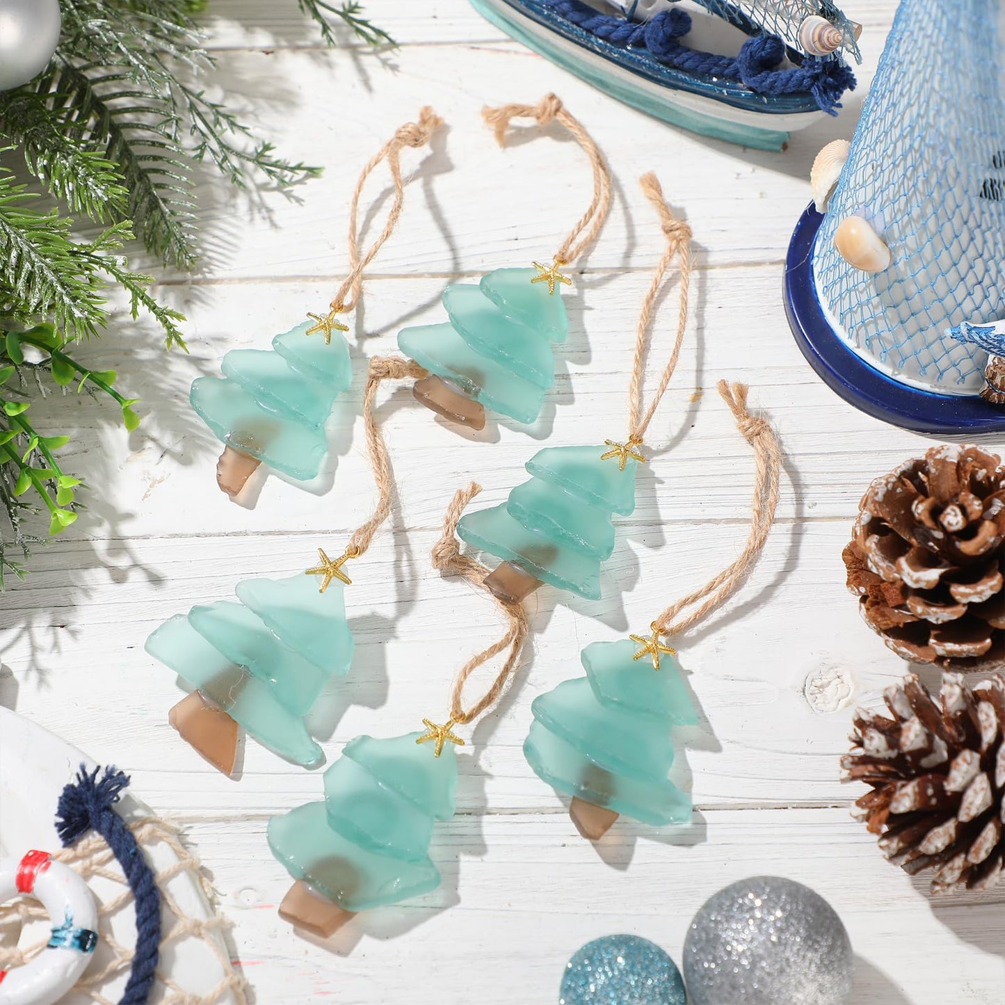 Yookeer 6 Pcs Sea Glass Christmas Tree Ornaments Handmade July in Christmas Sea Glass Xmas Tree Ornament Pendant Blue Beach Seaglass Hanging Ornament Crystal Xmas Decoration for Centerpiece Home Decor