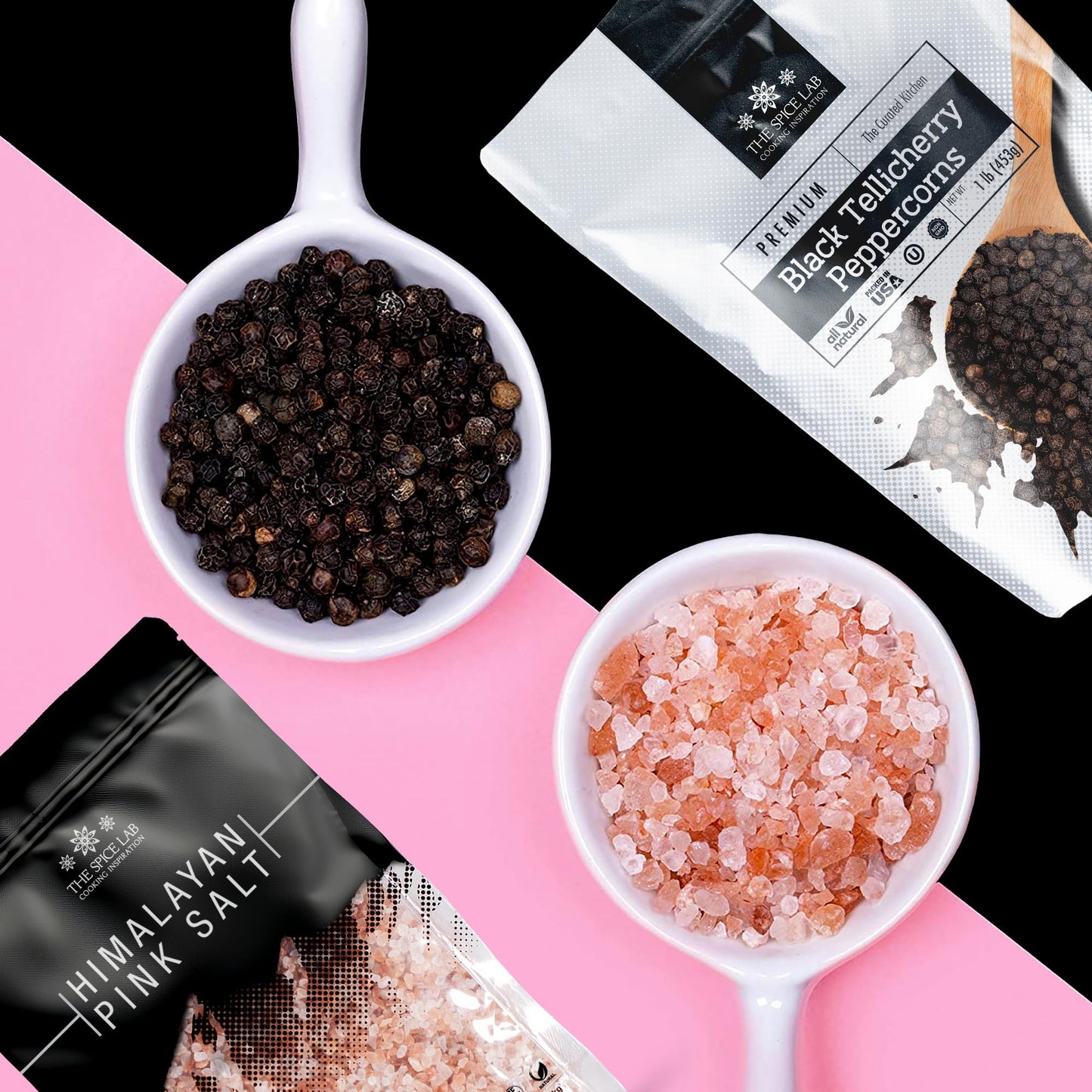 Grinder refill kit - 2.2 Lb bag of Pink Himalayan Coarse Salt & 1 Lb of Tellicherry Black Peppercorns - Salt and Peppercorn refill Gift Pack - Premium Himalayan Salt and Tellicherry Peppercorns for use in a Grinder or Salt Mill. By The Spice Lab