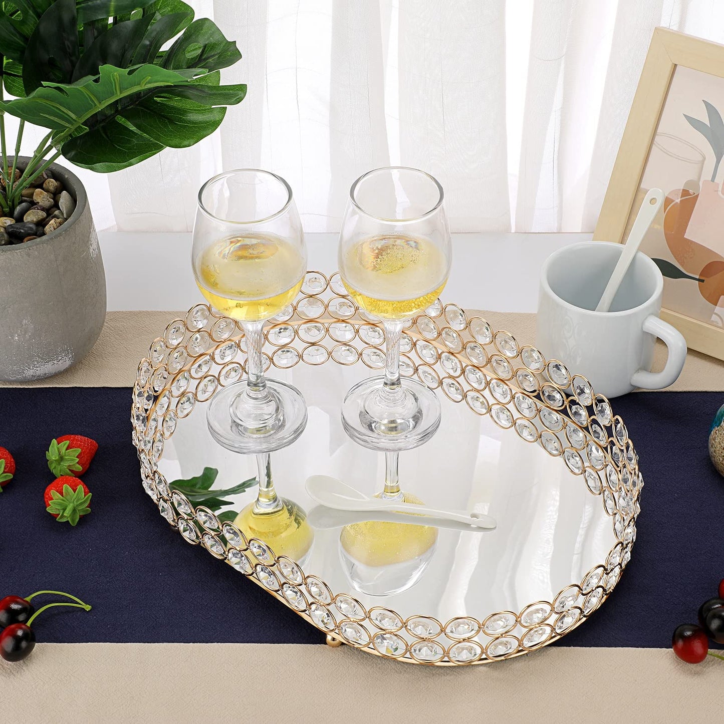 Hipiwe Crystal Vanity Tray Mirrored Dresser Perfume Trays for Makeup Tray Cosmetic Skin Care Storage, Jewelry Trinket Organizer Tray for Bathroom Countertop Home Decor (Large, Gold)