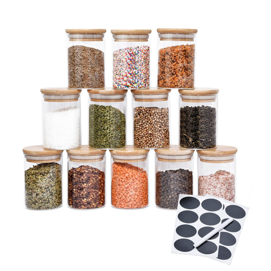PreZervers 12 pcs Spice Jars | Glass Jar Bamboo Lids Food Storage Containers 7oz Glass Jar | Includes Pen and Decorative Labels | Dozen Spice Jars | Tea, Sugar, Salt, Herbs | Bonus Item