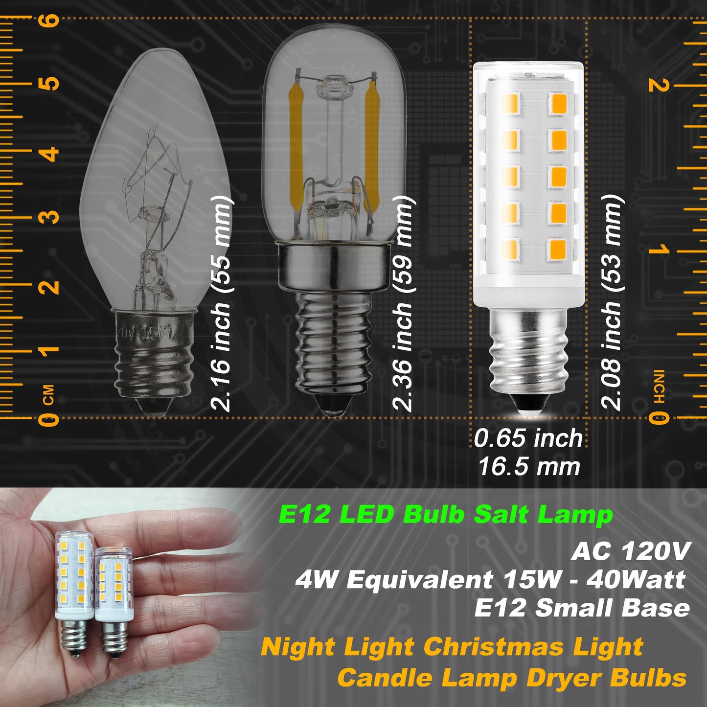 Dimmable Himalayan Salt Lamp Bulbs 15W-40W AC120V 400lm 2700K Warm White S6 C7 T20 4W E12 Mini Candelabra Base for Salt Rock Lamps & Baskets Night Light Decorative String Light Christmas, 8 Pack