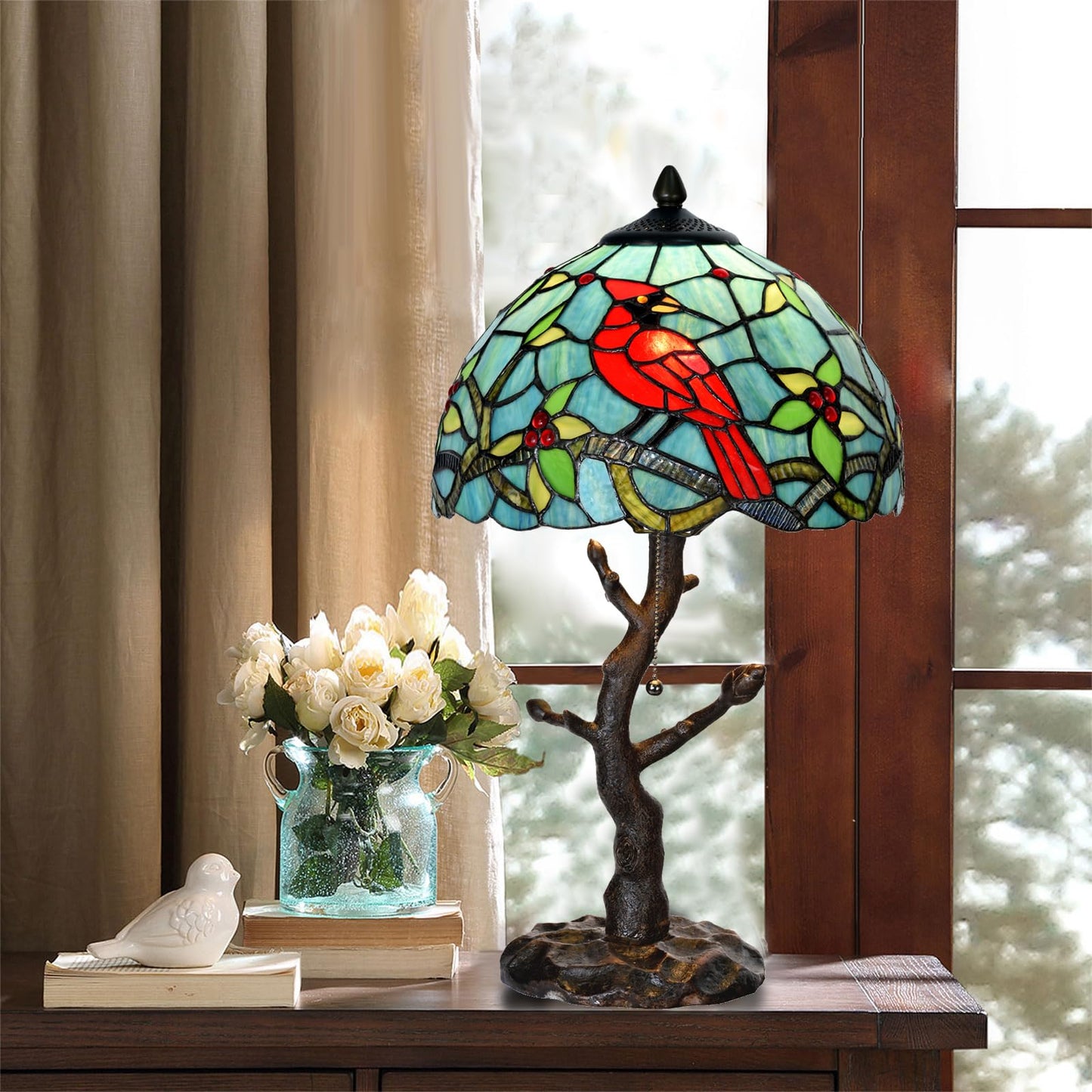 HomeBeauty TL0035 Tiffany Style Stained Glass Table Lamp, Cardinal Bird Desk Lamp with Branch Base, W 12" x OH 21", Great for Home Decor & Night Lighting, LED Bulb Included (Red Cardinal)